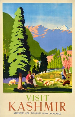 Original Vintage Asia Travel Poster Visit Kashmir India Sheep Shepherd Himalayas