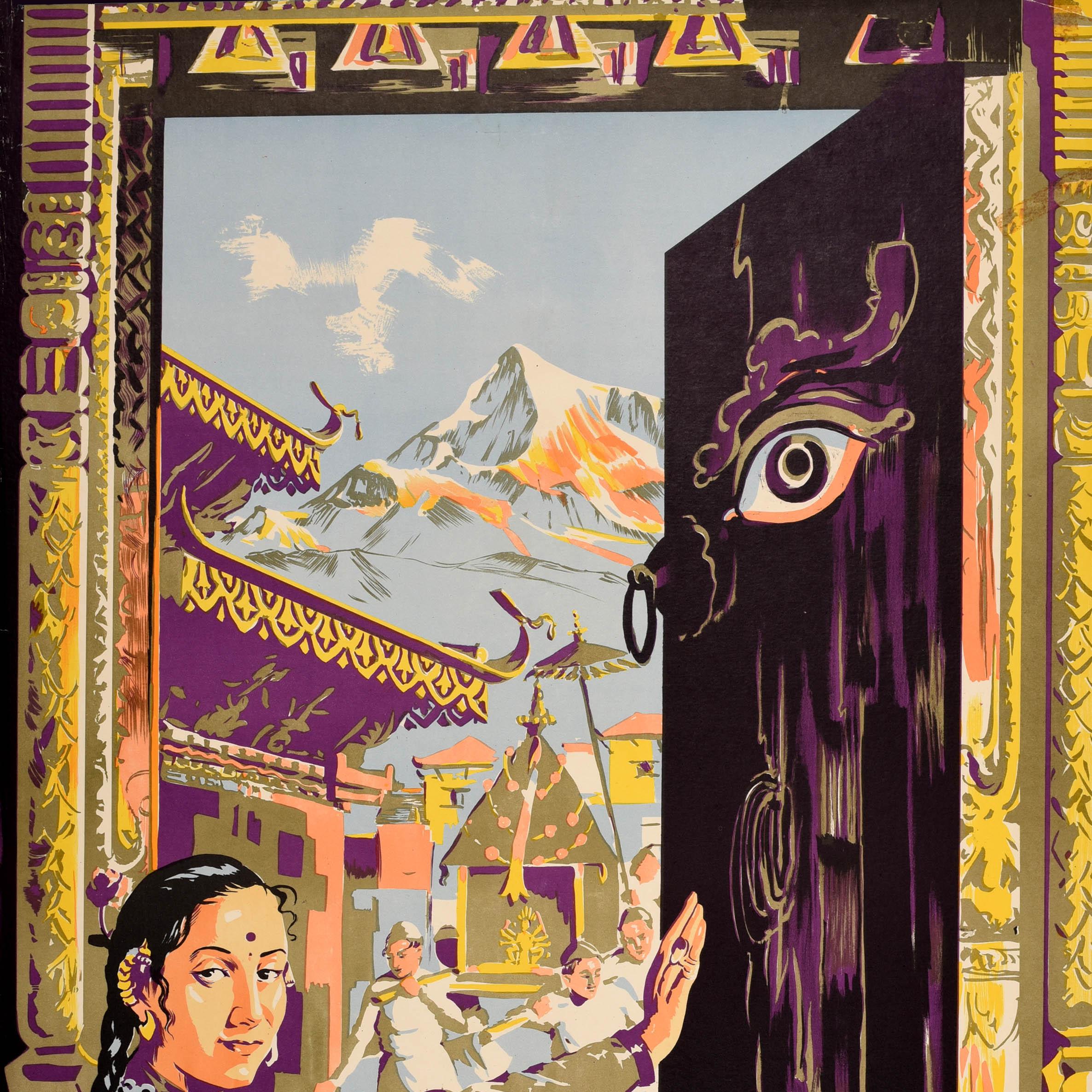Original vintage Asia travel poster - Visit Kathmandu - featuring colourful artwork of a lady holding a door open for the viewer to reveal a procession walking in front of a Buddhist temple with snow topped mountains in the background, an eye