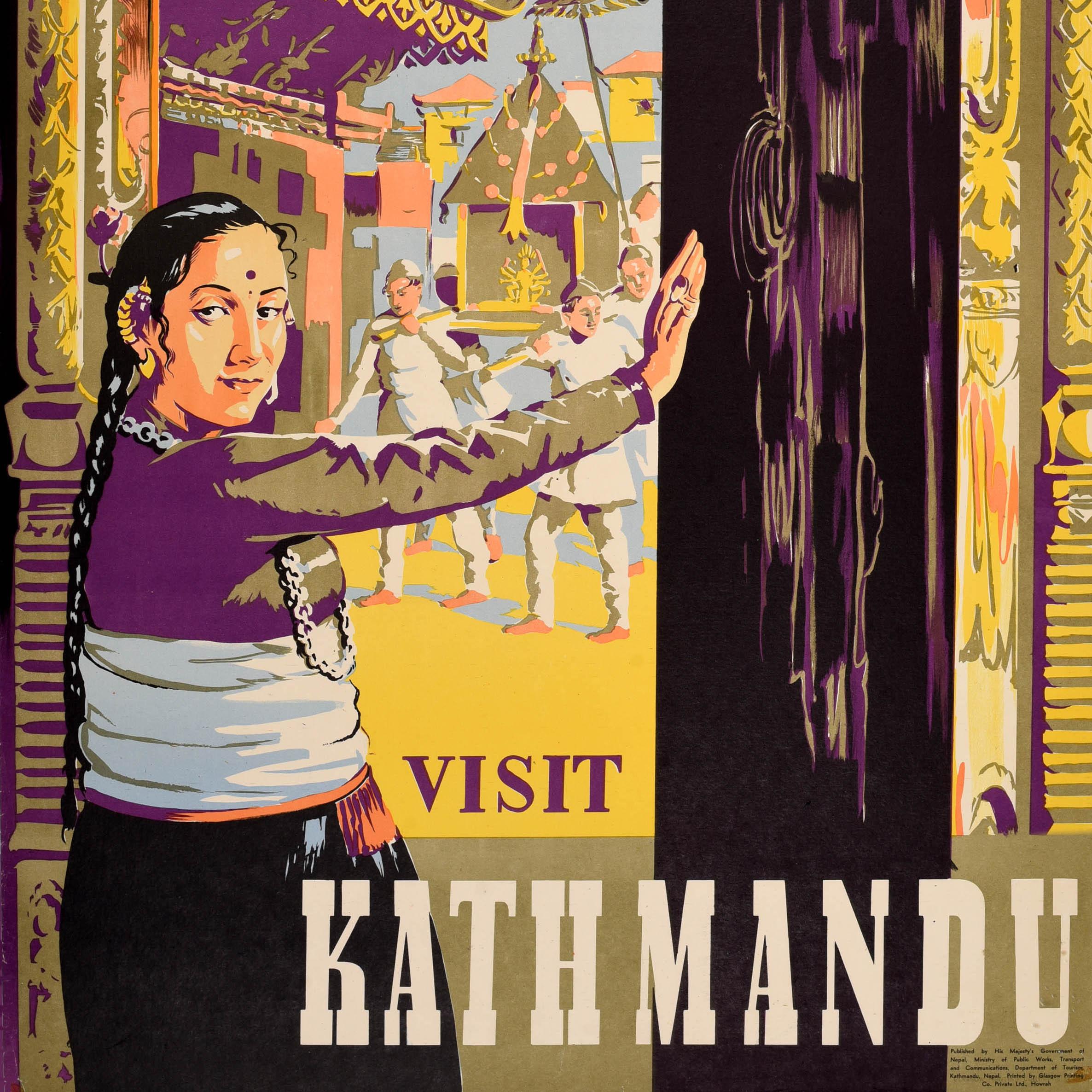 Original Vintage Asia Travel Poster Visit Kathmandu Nepal Buddhist Temple  For Sale 1