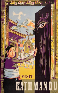 Affiche rétro originale de voyage en Asie, Visit Kathmandu, Népal, Temple bouddhiste