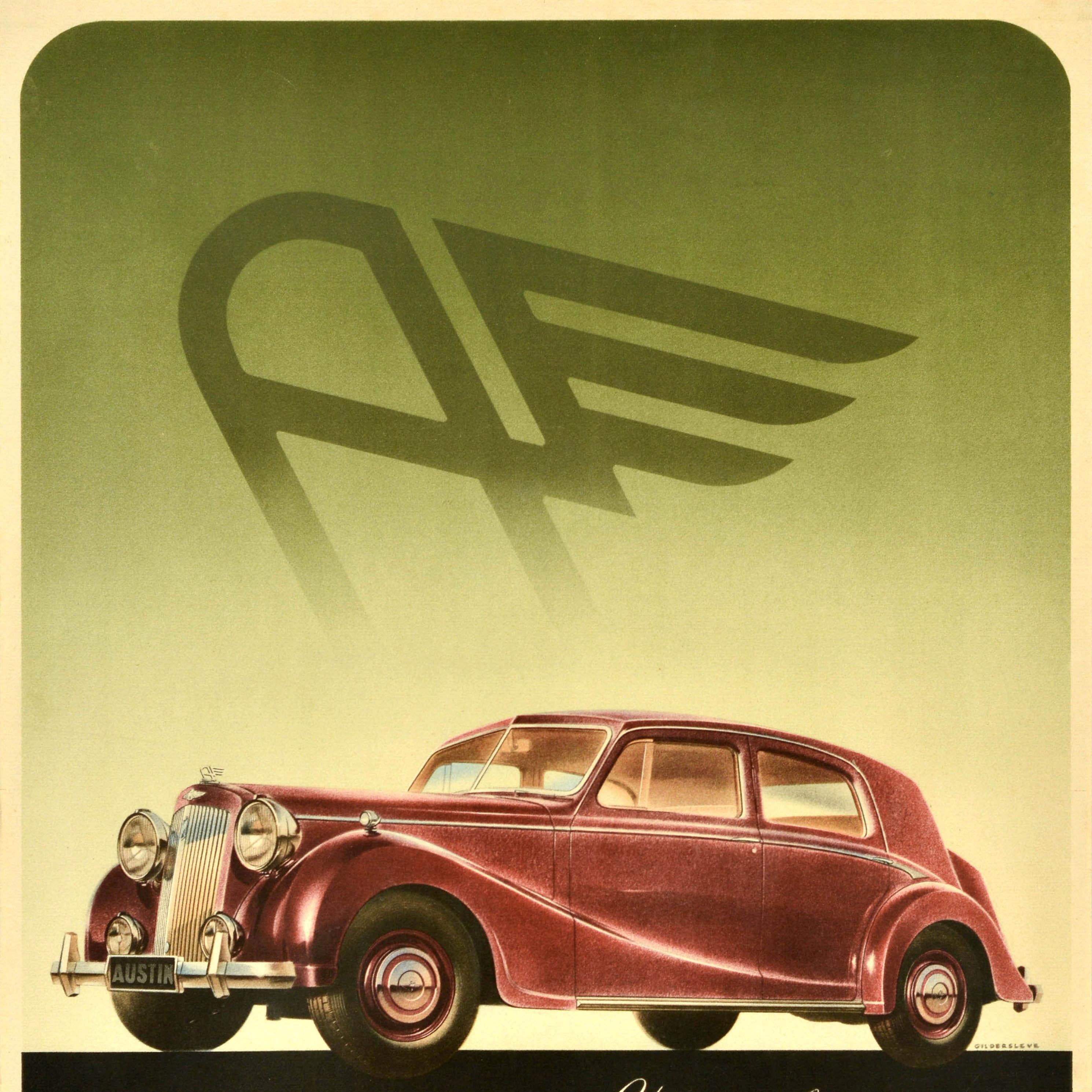 Original vintage car advertising poster for the new Austin 110 six cylinder styled in Sheerline featuring an illustration of a shiny red car in front of the winged A logo on a green shaded background, the bold text on the black background below. The