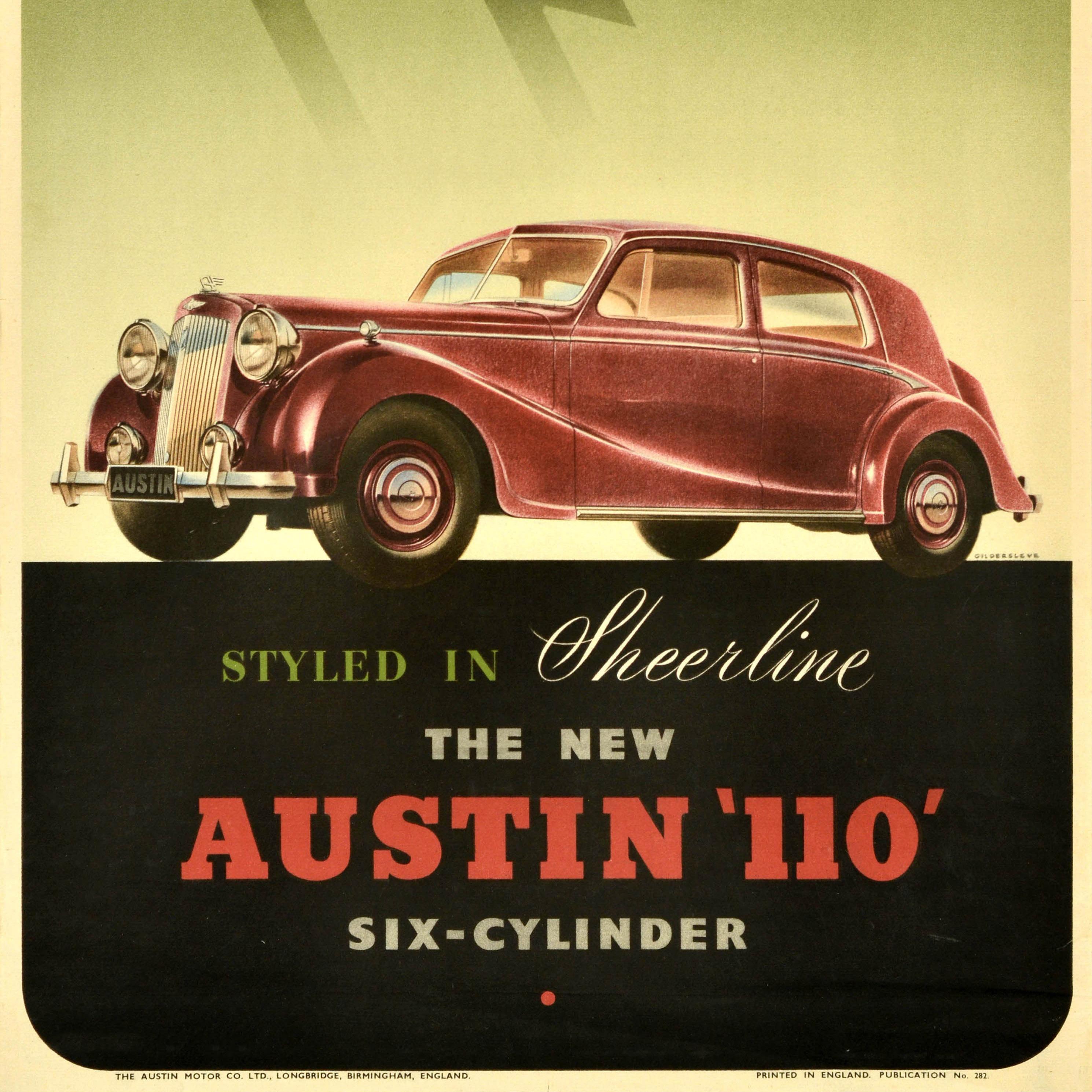 Original Oldtimer-Werbeplakat für den neuen Austin 110 Sechszylinder im Sheerline-Stil mit einer Illustration eines leuchtend roten Autos vor dem geflügelten A-Logo auf einem grün schattierten Hintergrund, darunter der fette Text auf schwarzem