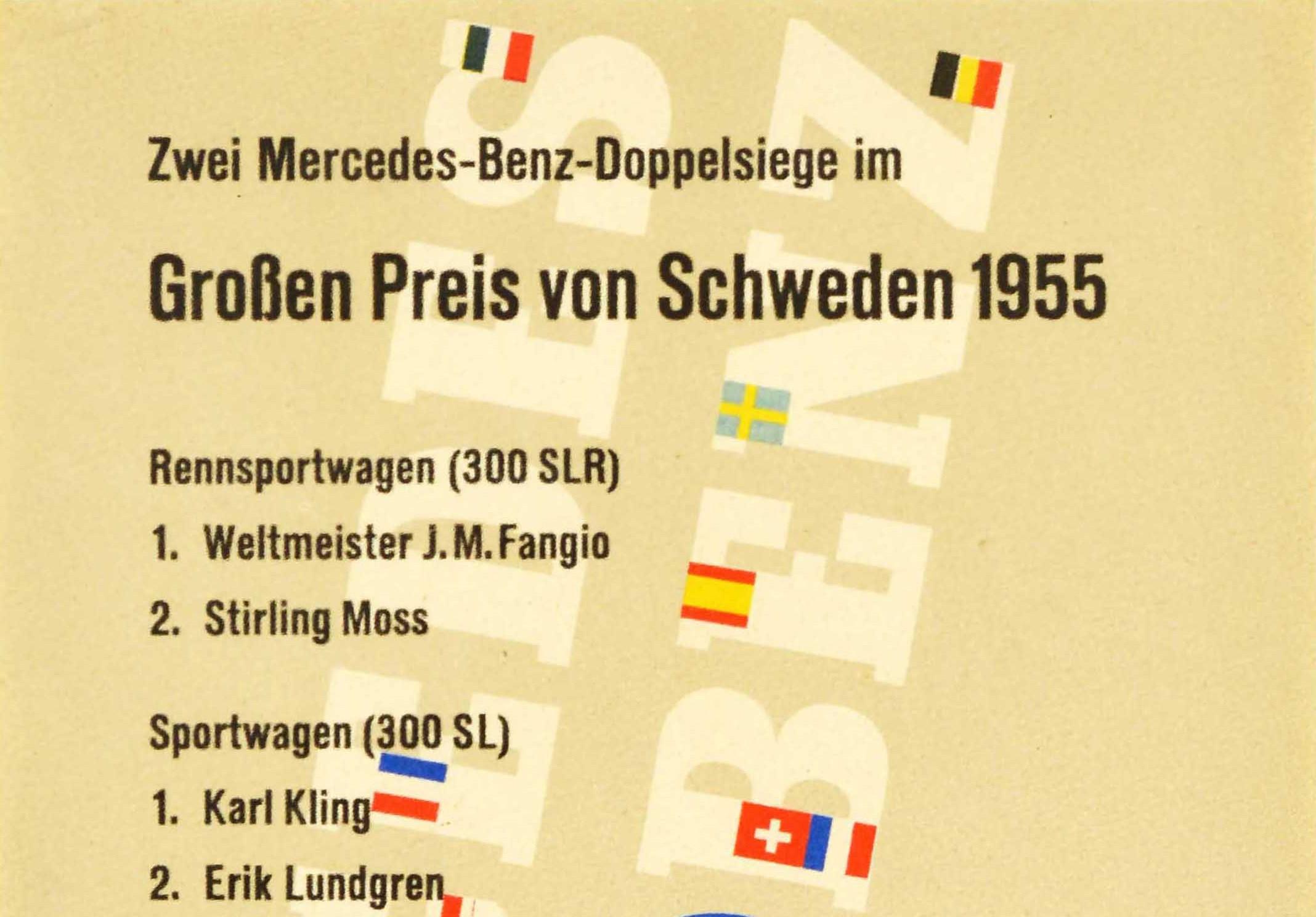 Original Vintage Auto Racing Poster Mercedes Benz Sweden Grand Prix Motor Sport - Print by Unknown