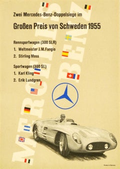 Original Vintage Auto Racing Poster Mercedes Benz Sweden Grand Prix Motor Sport