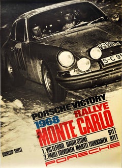 Affiche originale de course automobile Porsche 911 victoire 1968 Rallye Monte Carlo