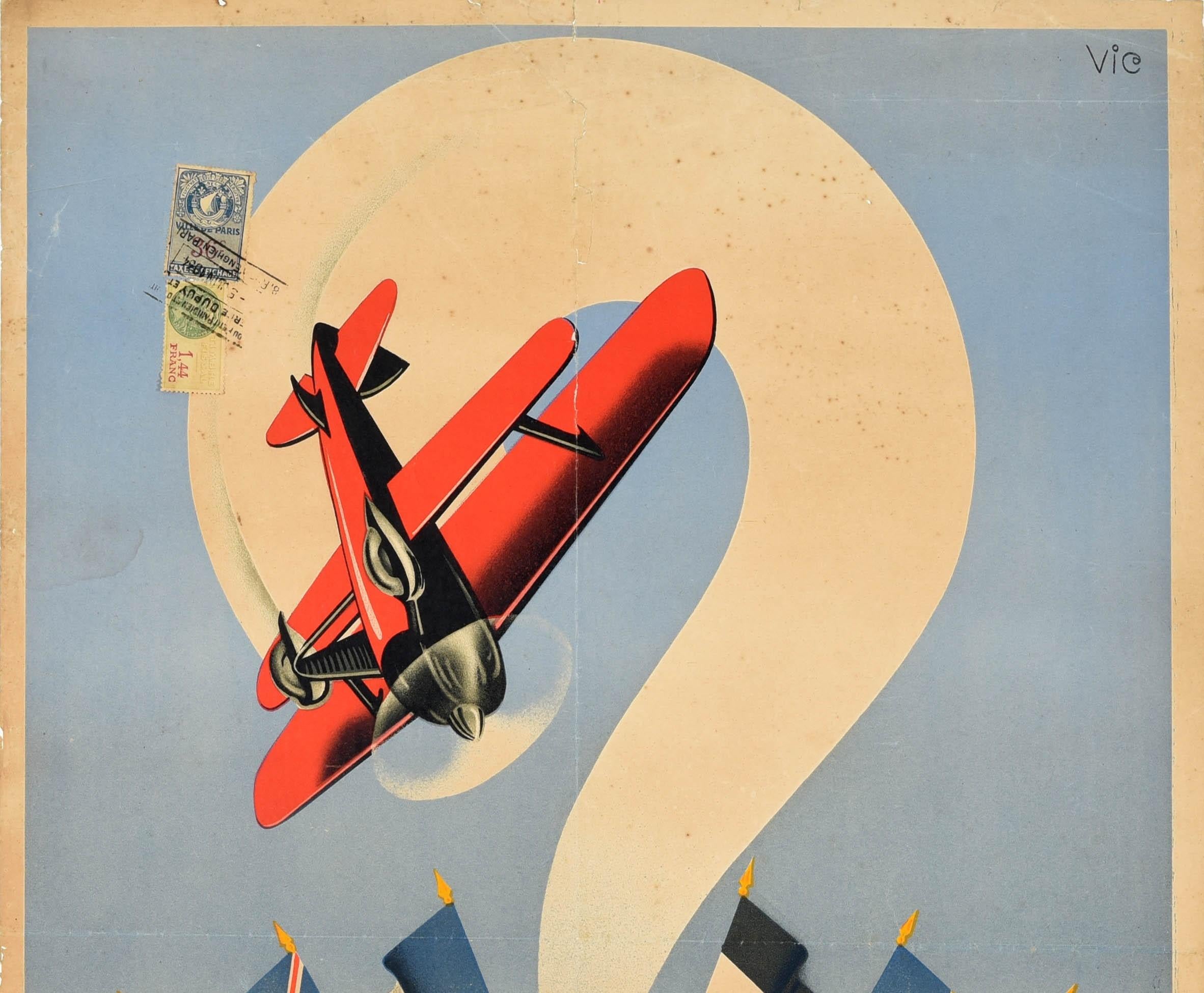 Original Vintage Aviation Poster Aerial Acrobatics World Cup Vincennes Paris Art - Print by Unknown
