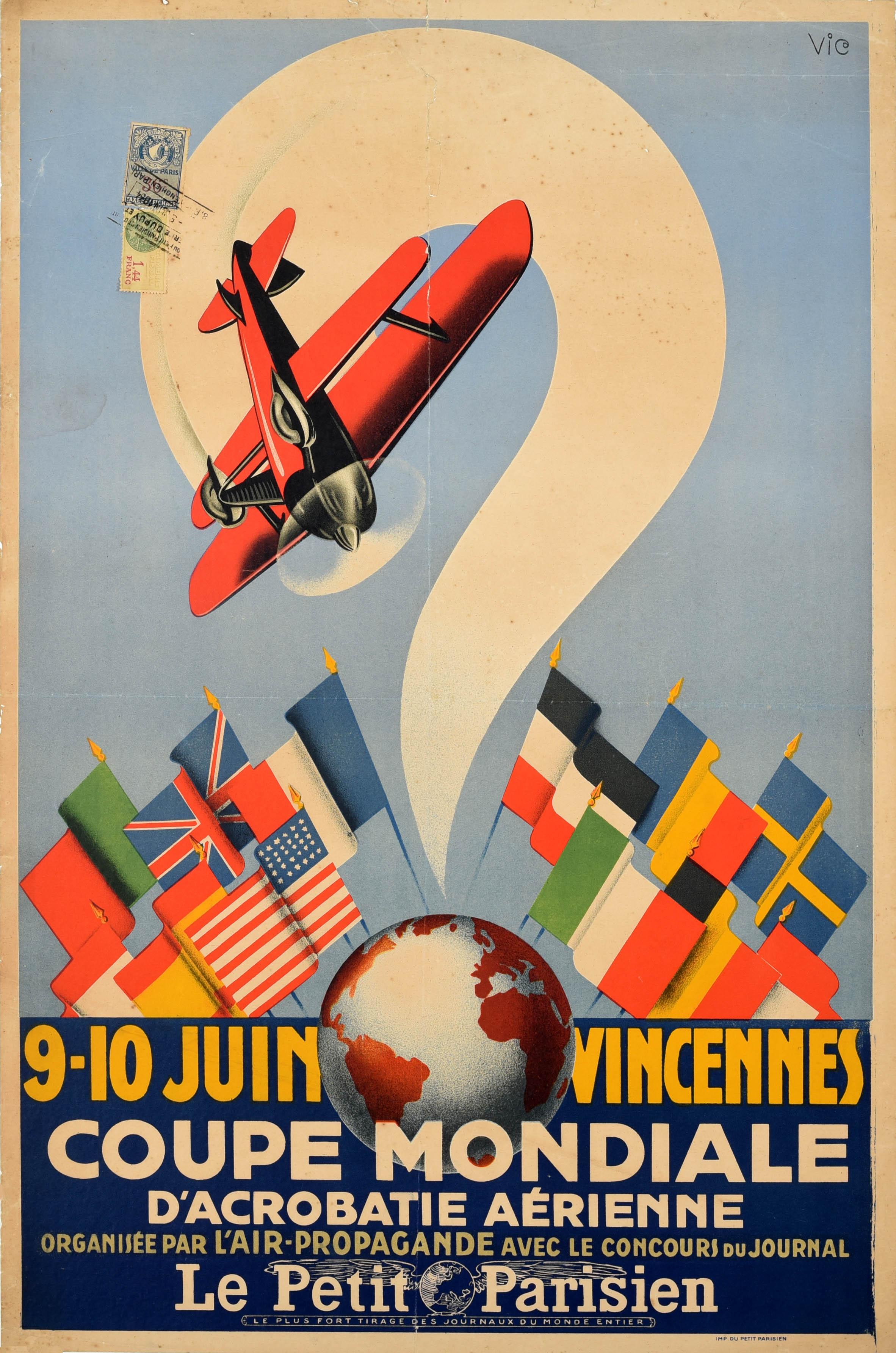 Print Unknown - Affiche vintage originale d'aviation acrobatique de la Coupe du monde de Vincennes, Paris Art