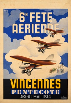 Poster originale d'epoca sull'aviazione Fete Aerienne Air Festival Vincennes Planes Art