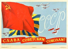 Affiche de propagande aéronautique originale vintage Glory Soviet Falcons USSR Pilots