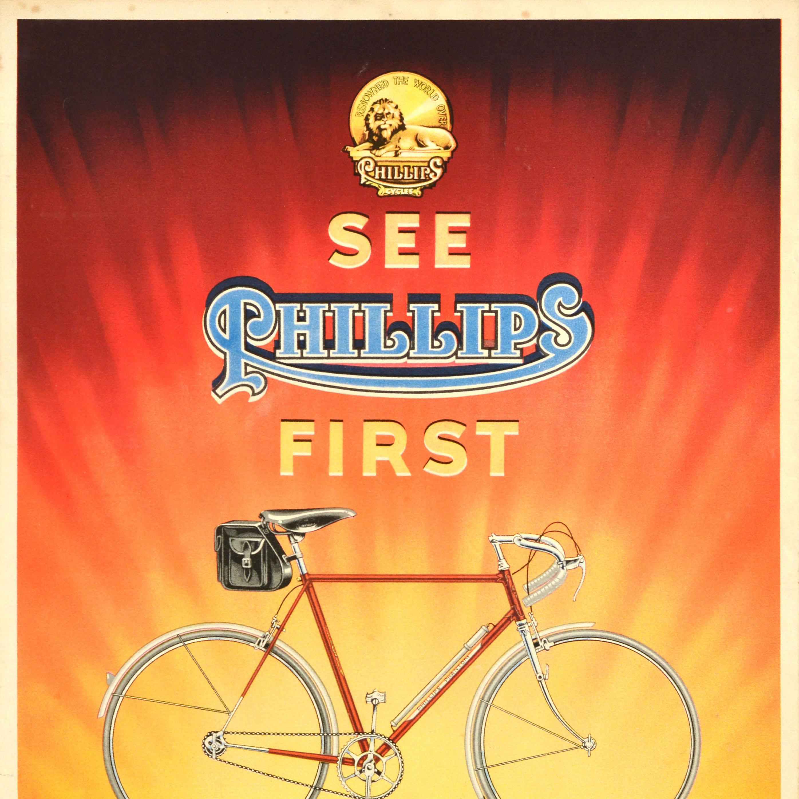 Original vintage bicycle advertising poster - See Phillips first A wonderful range of sports machines ask here for free illustrated catalogue - featuring an image of a new sport bike lit up by the sun shining in yellow, orange and red in the