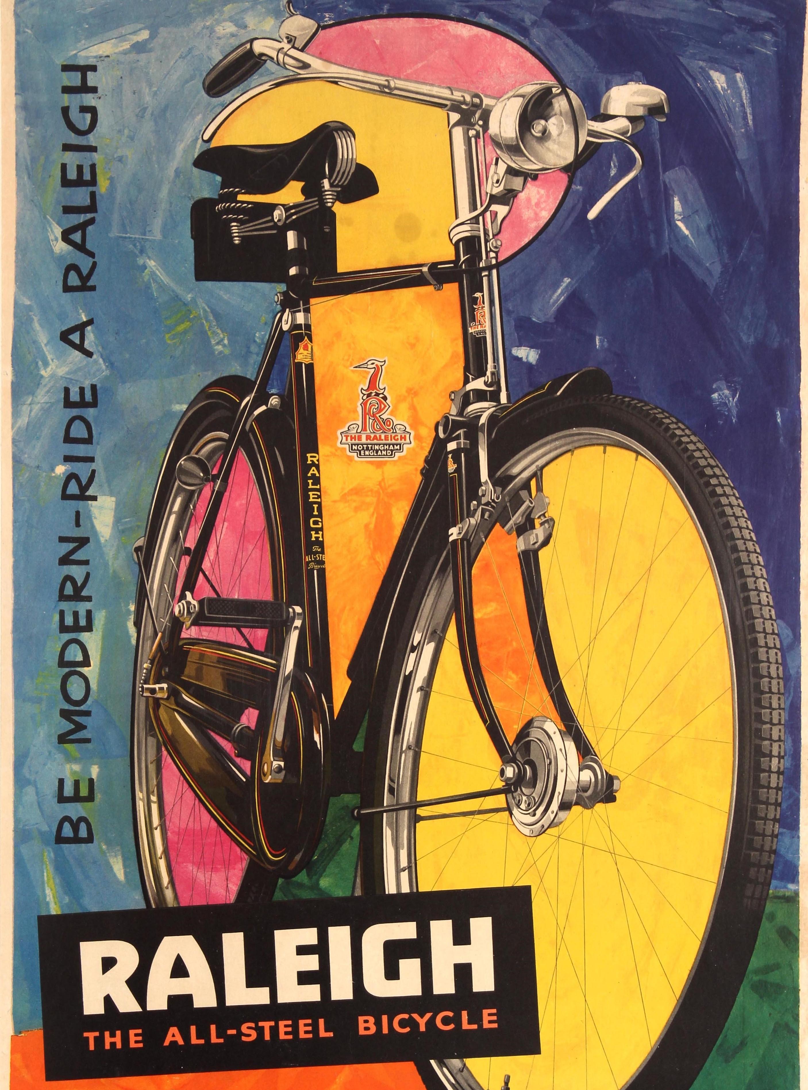 Original Vintage-Poster, „Be Modern Ride A Raleigh“, „The All-Steel“, Fahrradkunst (Schwarz), Print, von Unknown