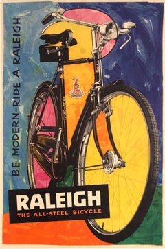 Original Vintage Bike Poster Be Modern Ride A Raleigh The All-Steel Bicycle Art