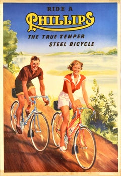 Poster originale d'epoca sulla bicicletta Ride A Phillips Steel Bicycle Countryside Cyclists