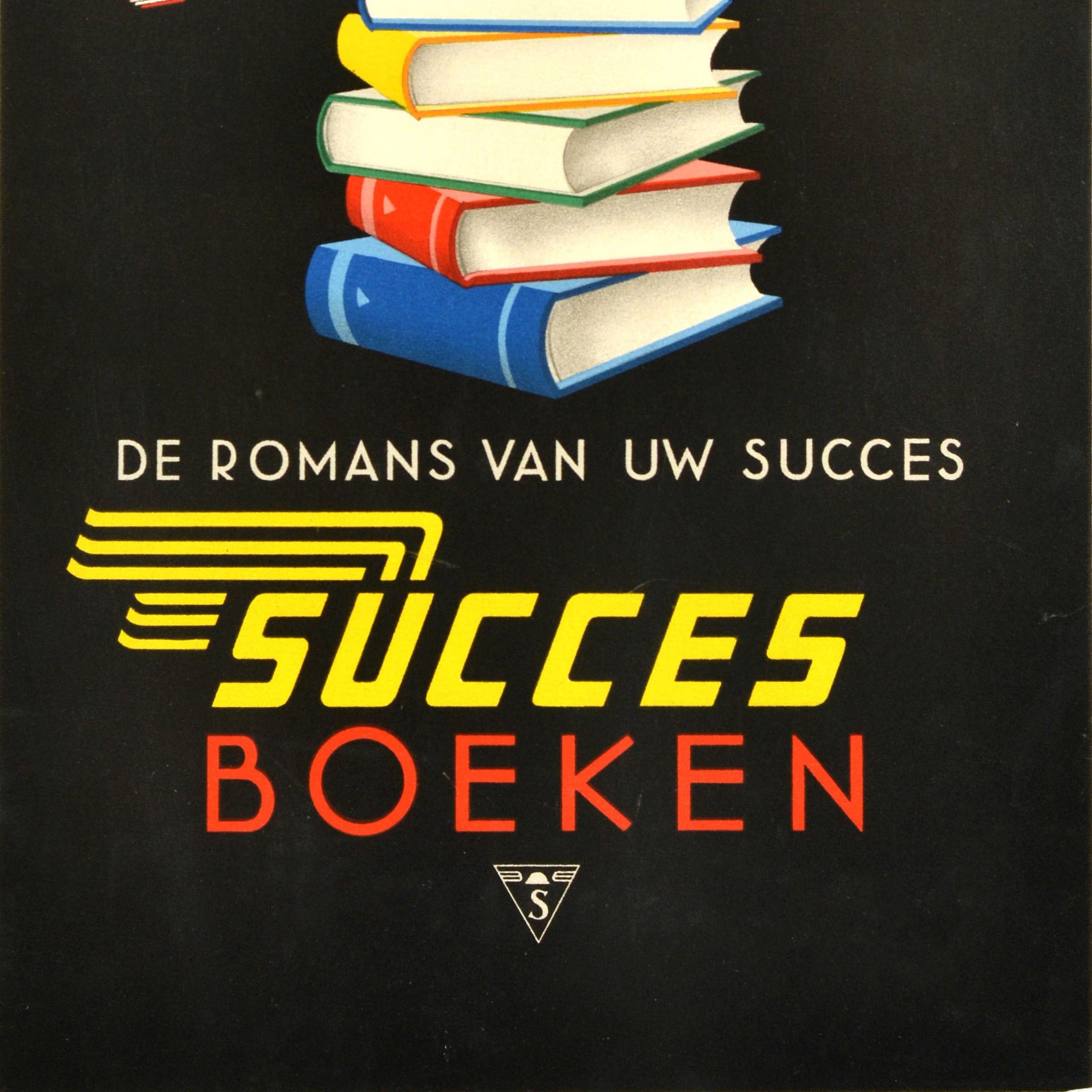 Original vintage book publisher advertising poster - De romans van uw succes Succes Boeken / The novels of your success Success Books publishing house - featuring a fun illustration of an owl sitting on a pile of books with colourful winged books