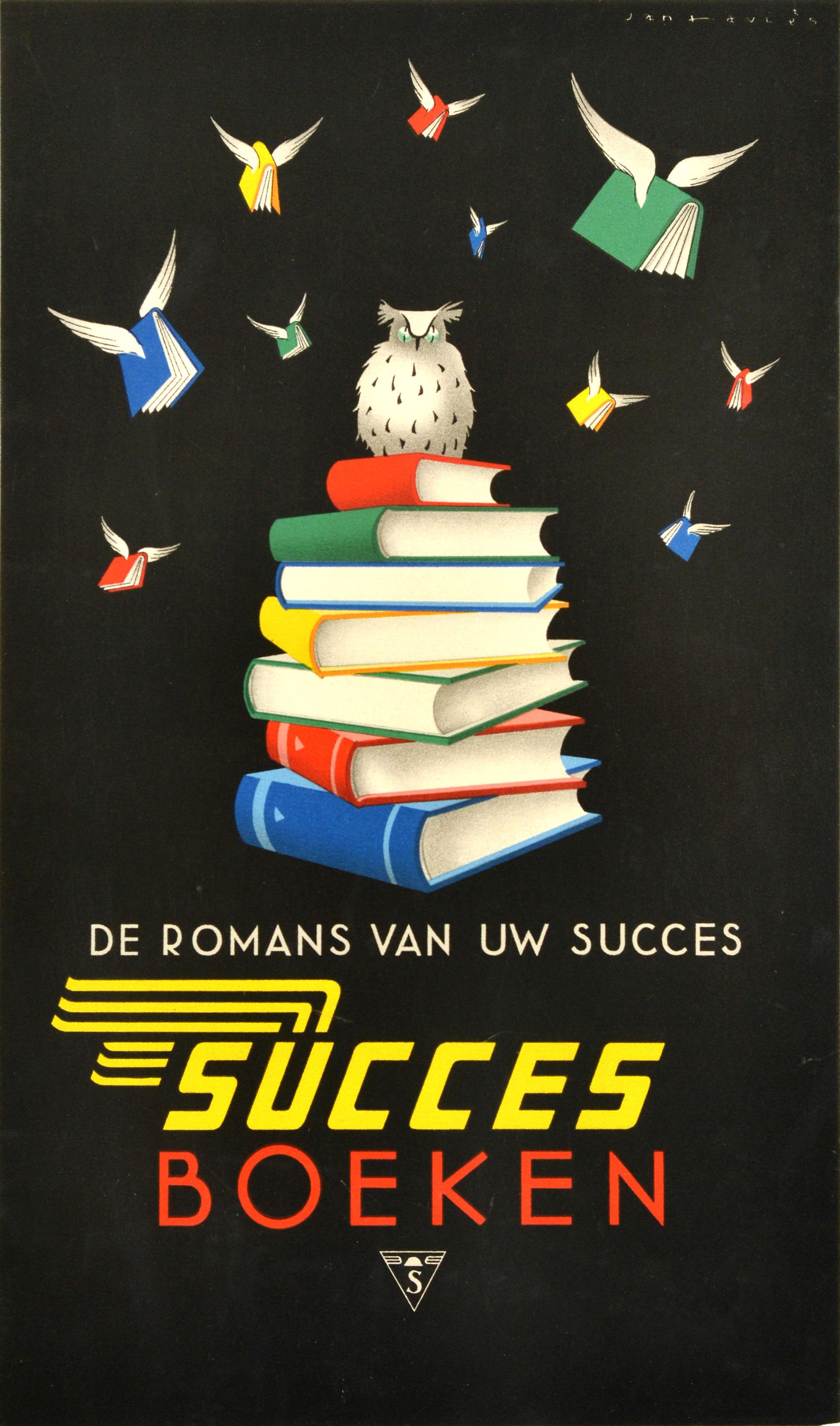 Print Unknown - Affiche publicitaire originale d'un éditeur de livres vintage, succès livres, hibou lecture art
