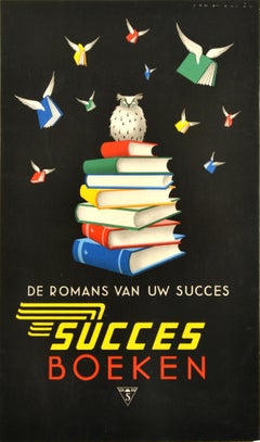 Affiche publicitaire originale d'un éditeur de livres vintage, succès livres, hibou lecture art