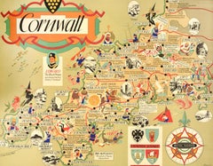 Original Vintage British Railways Train Travel Poster Cornwall Pictorial Map UK