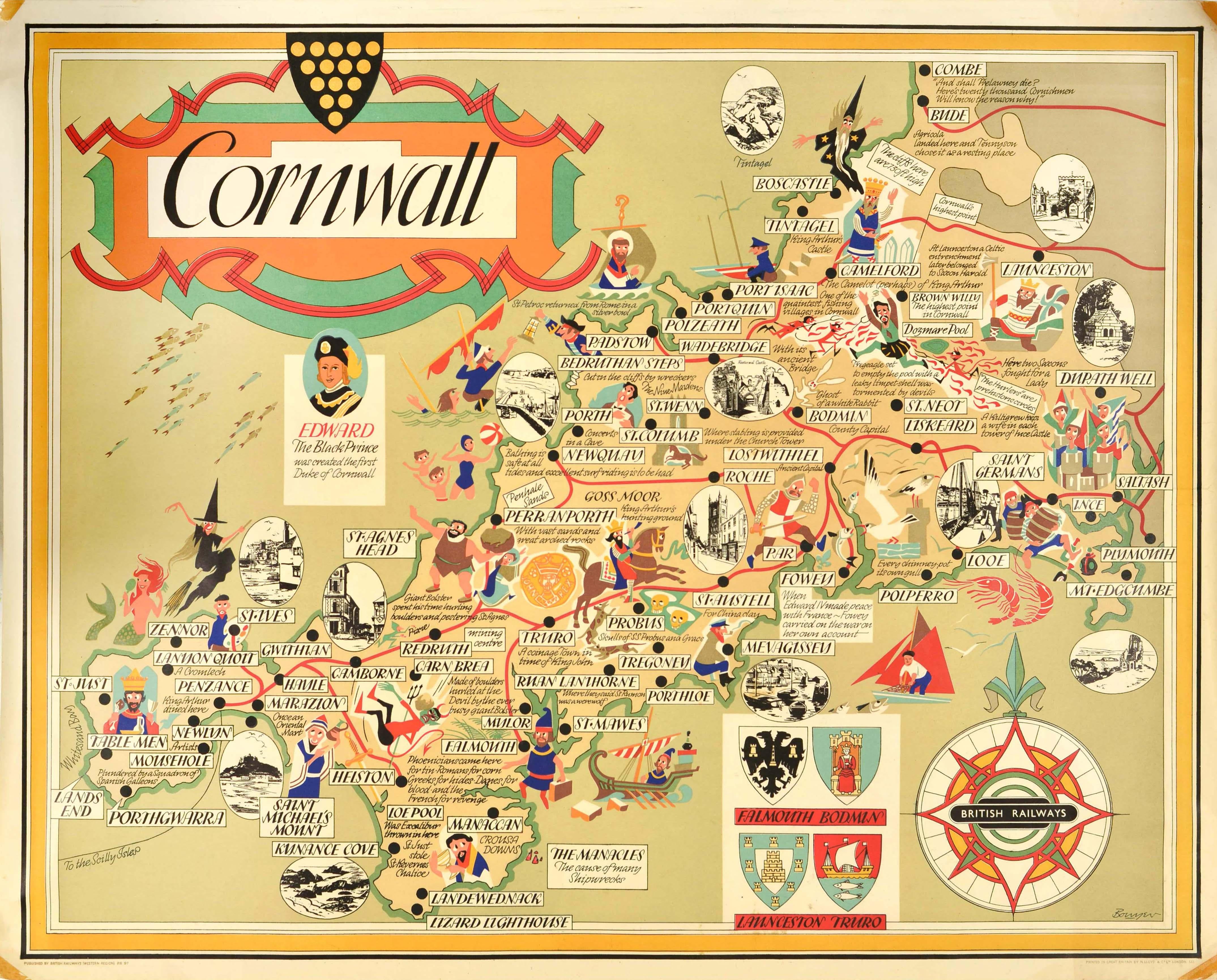 Print di Unknown - Originale poster d'epoca delle ferrovie britanniche per i viaggi in treno, cartina della Cornovaglia, Regno Unito