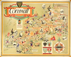 Original Vintage British Railways Train Travel Poster Cornwall Pictorial Map UK