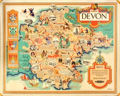 Original Vintage British Railways Train Travel Poster Devon Pictorial Map UK