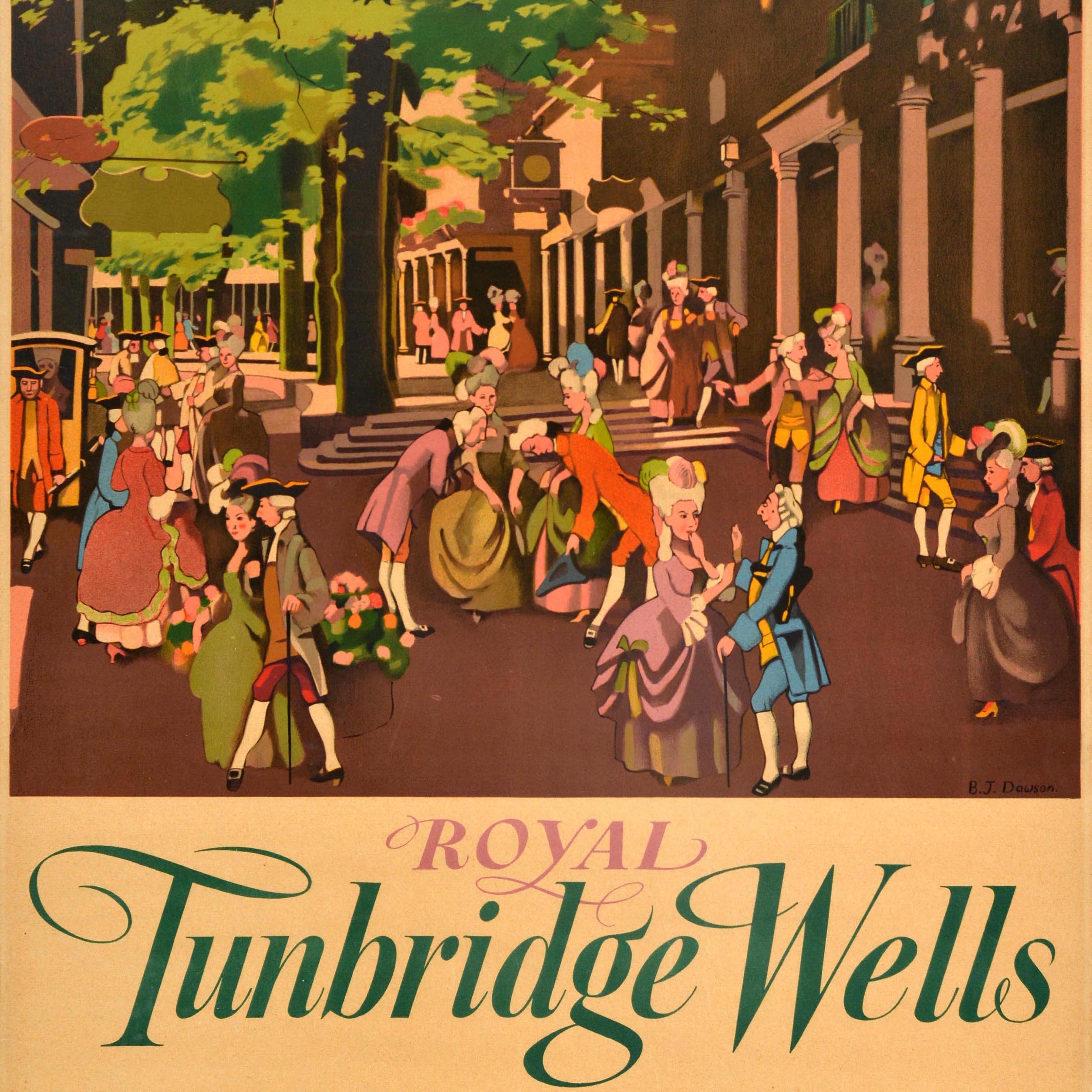 Original vintage British Railways train travel poster for Royal Tunbridge Wells featuring an illustration of elegantly dressed ladies and gentlemen in fashionable 18th century Regency style dresses, suits, wigs and hats under green trees with a