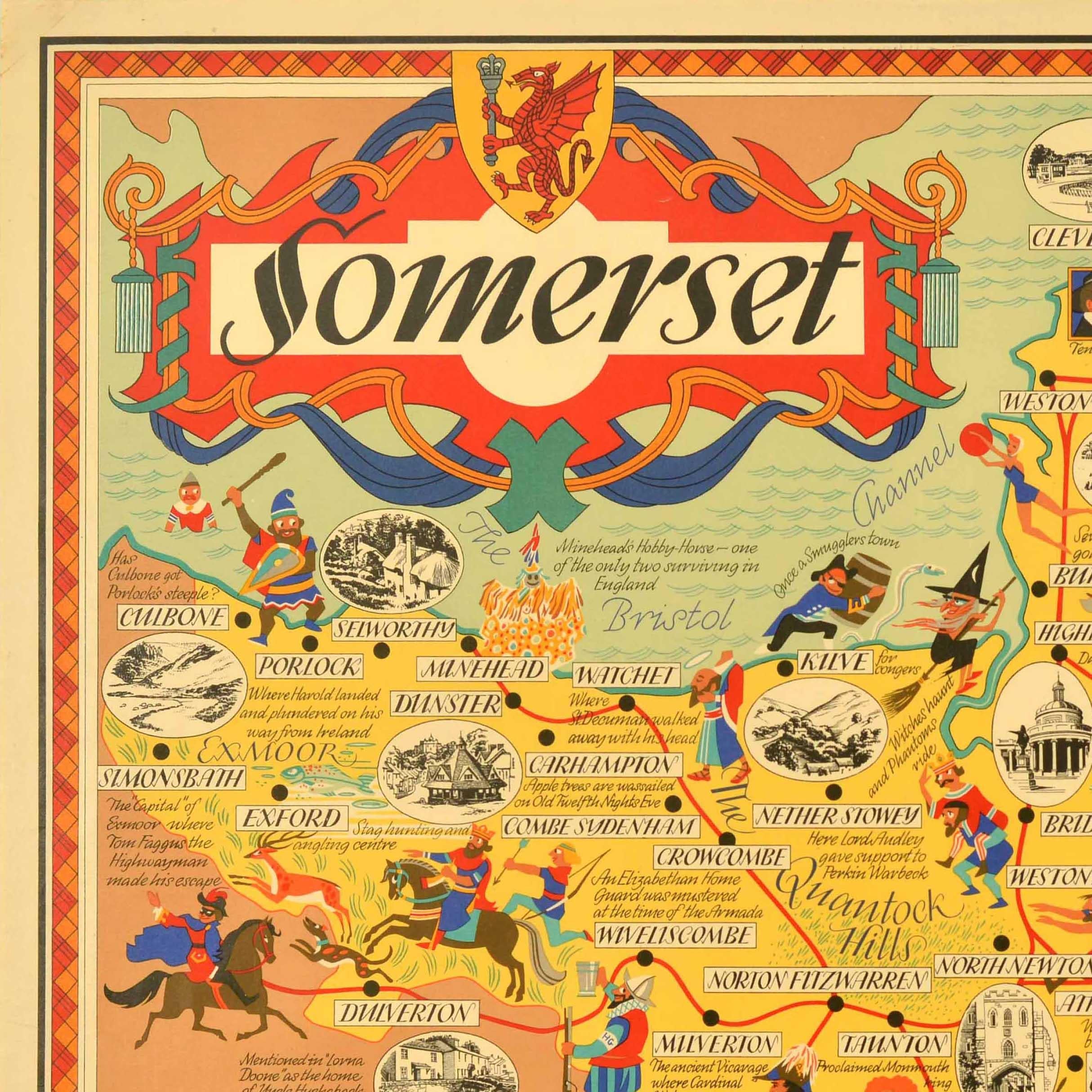 Original vintage British Railways poster for Somerset in South West England featuring a fun and colourful pictorial map with illustrations and descriptions of ancient myths and legends, traditions and nursery rhyme characters, notable people and