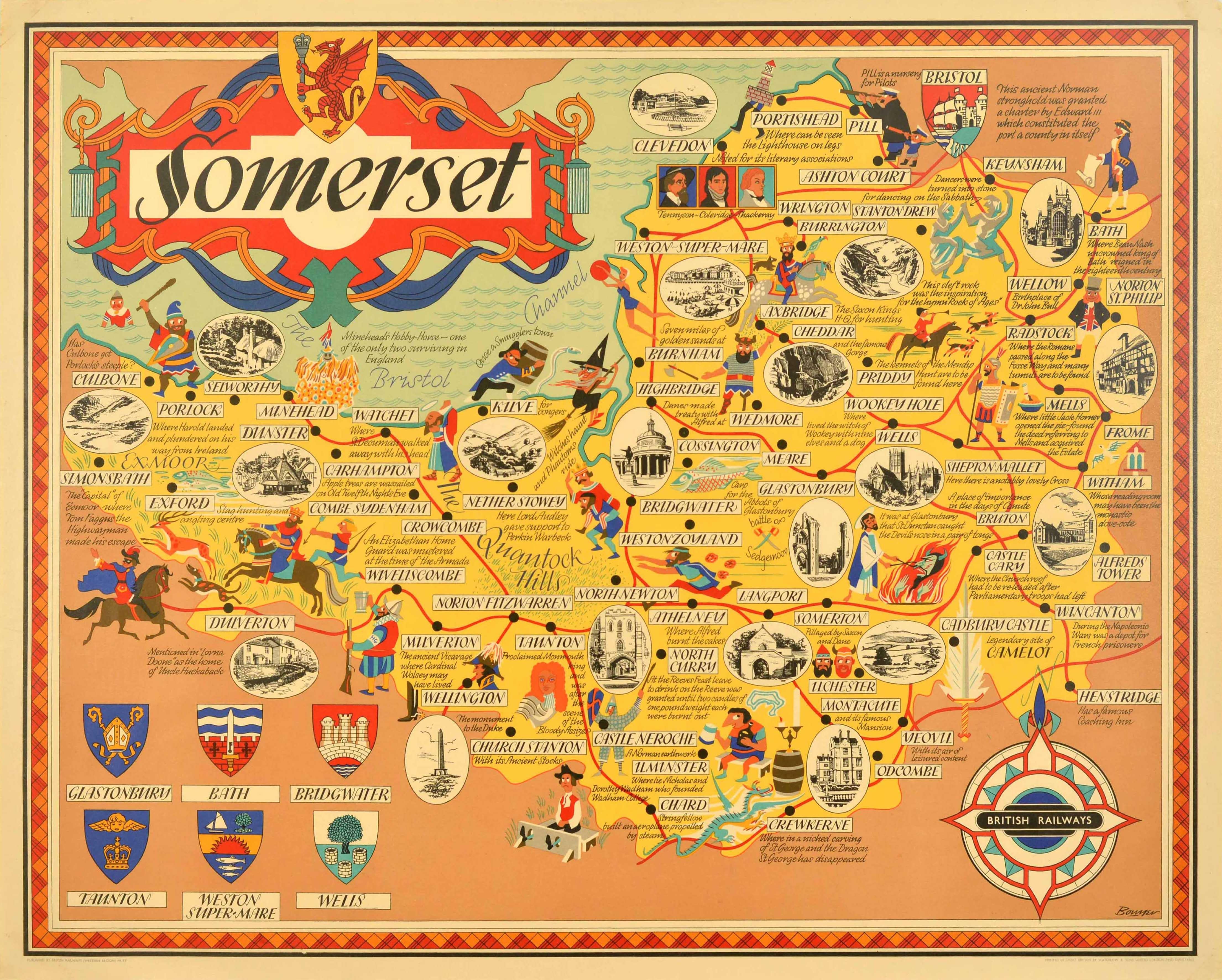 Unknown Print - Original Vintage British Railways Train Travel Poster Somerset Pictorial Map UK