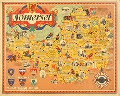 Original Vintage British Railways Train Travel Poster Somerset Pictorial Map UK