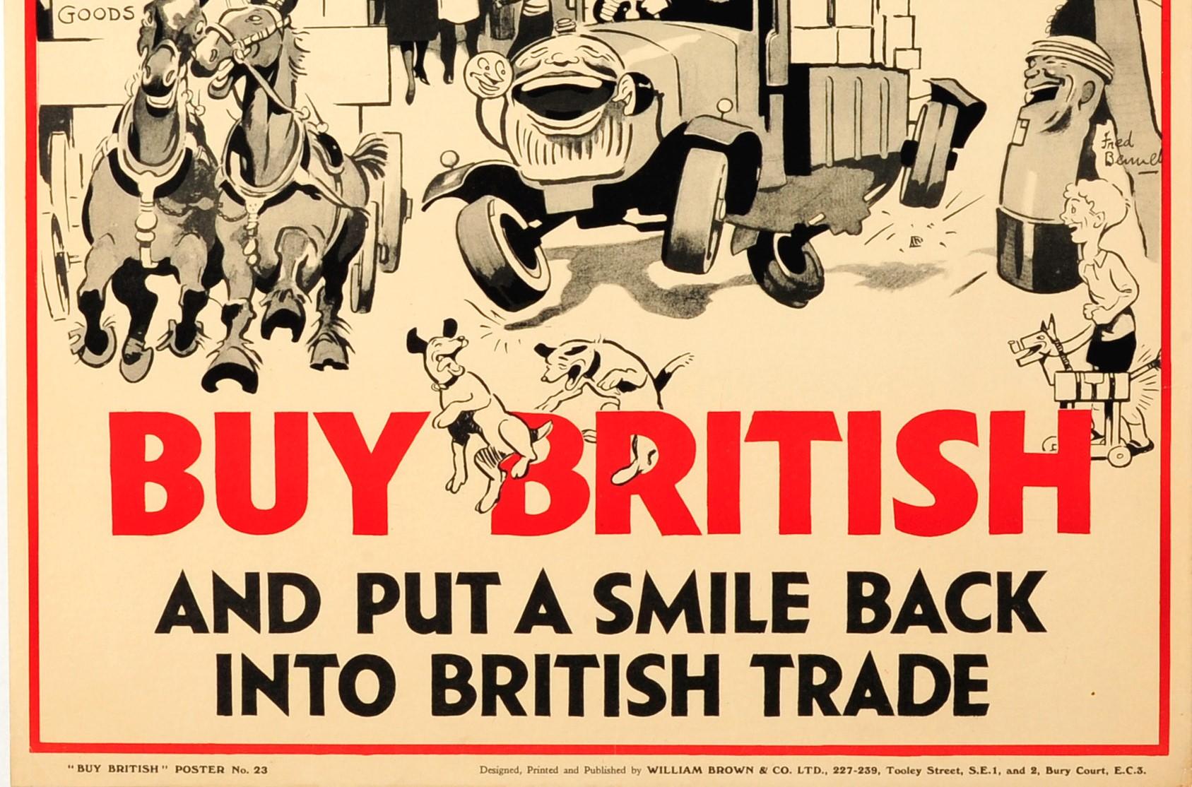 Affiche publicitaire vintage originale - Merrie England Once Again ! Achetez britannique et redonnez le sourire au commerce britannique - avec une superbe illustration d'un soleil orange souriant sur une scène en noir et blanc de personnes exportant