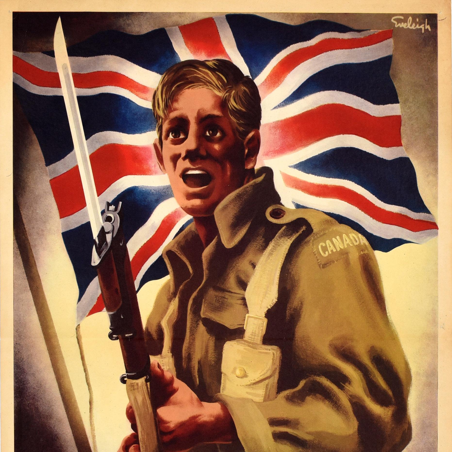Original vintage Canadian World War Two propaganda poster - Let's Go... Canada! - issued by the director of public information under the authority of Hon J.T Thorson Minister of National War Services Ottawa. Dynamic design depicting a soldier in a