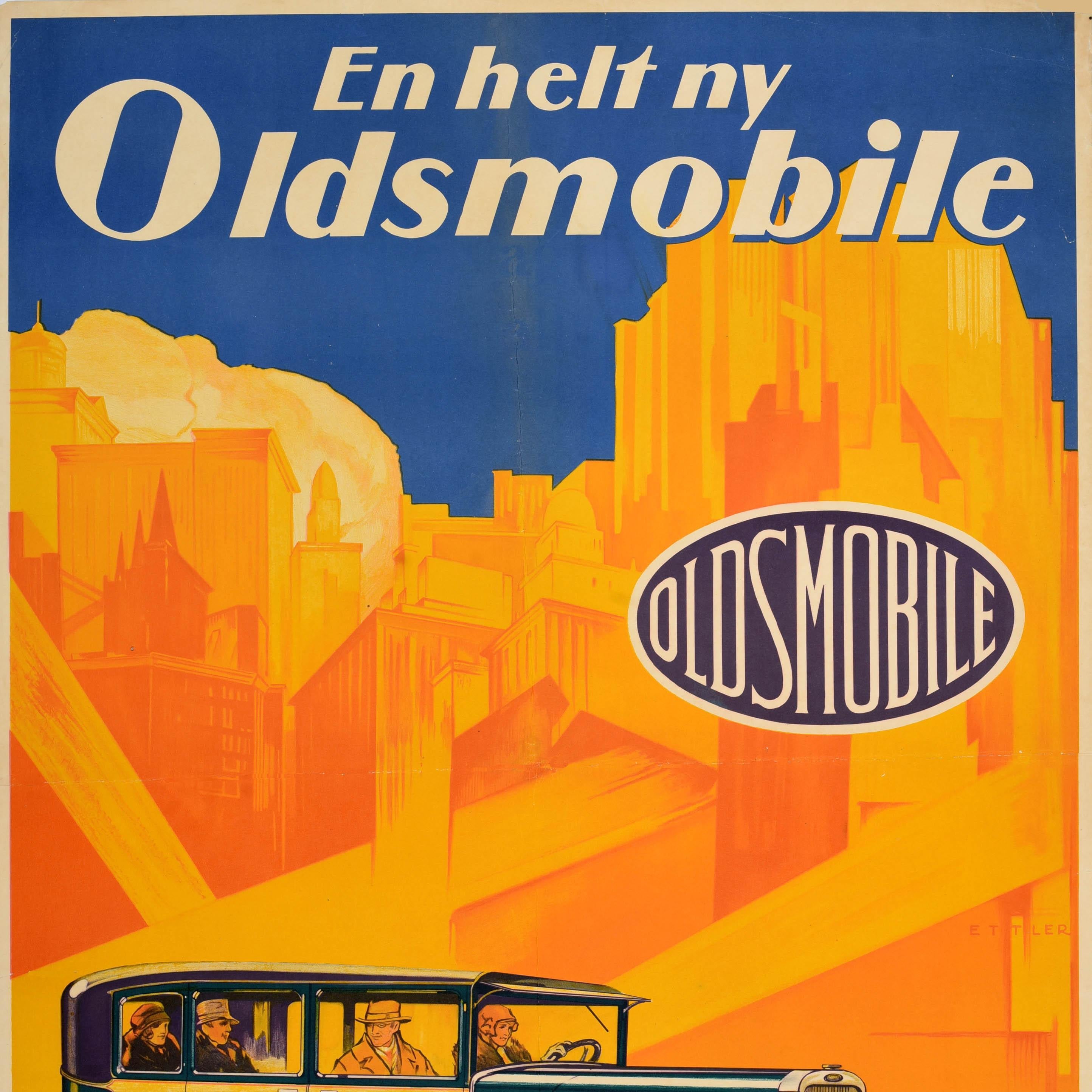 Original vintage car advertising poster - En Helt Ny Oldsmobile General Motors Fabrikat / A Brand New Oldsmobile - featuring a colourful Art Deco design depicting two couples in an elegant new classic car driving at speed with a striking background