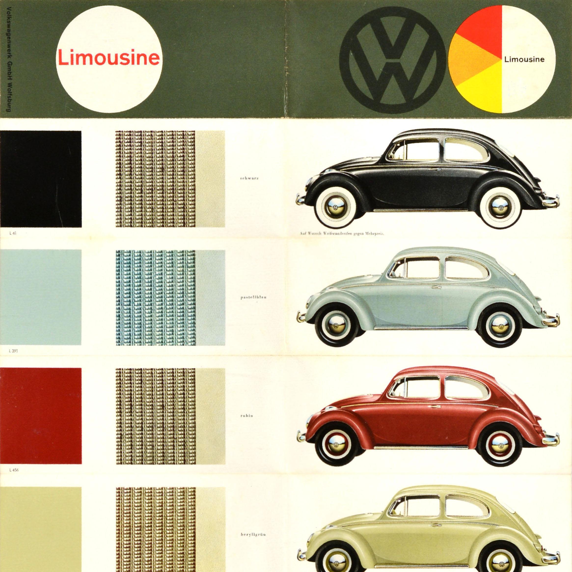 Original vintage Volkswagen car advertising poster - VW Limousine - featuring images of the car in different colours including black, pale blue, ruby red and pearl white with a note - Auf wunsch Weißwandreifen gegen Mehrpreis / White wall tyres