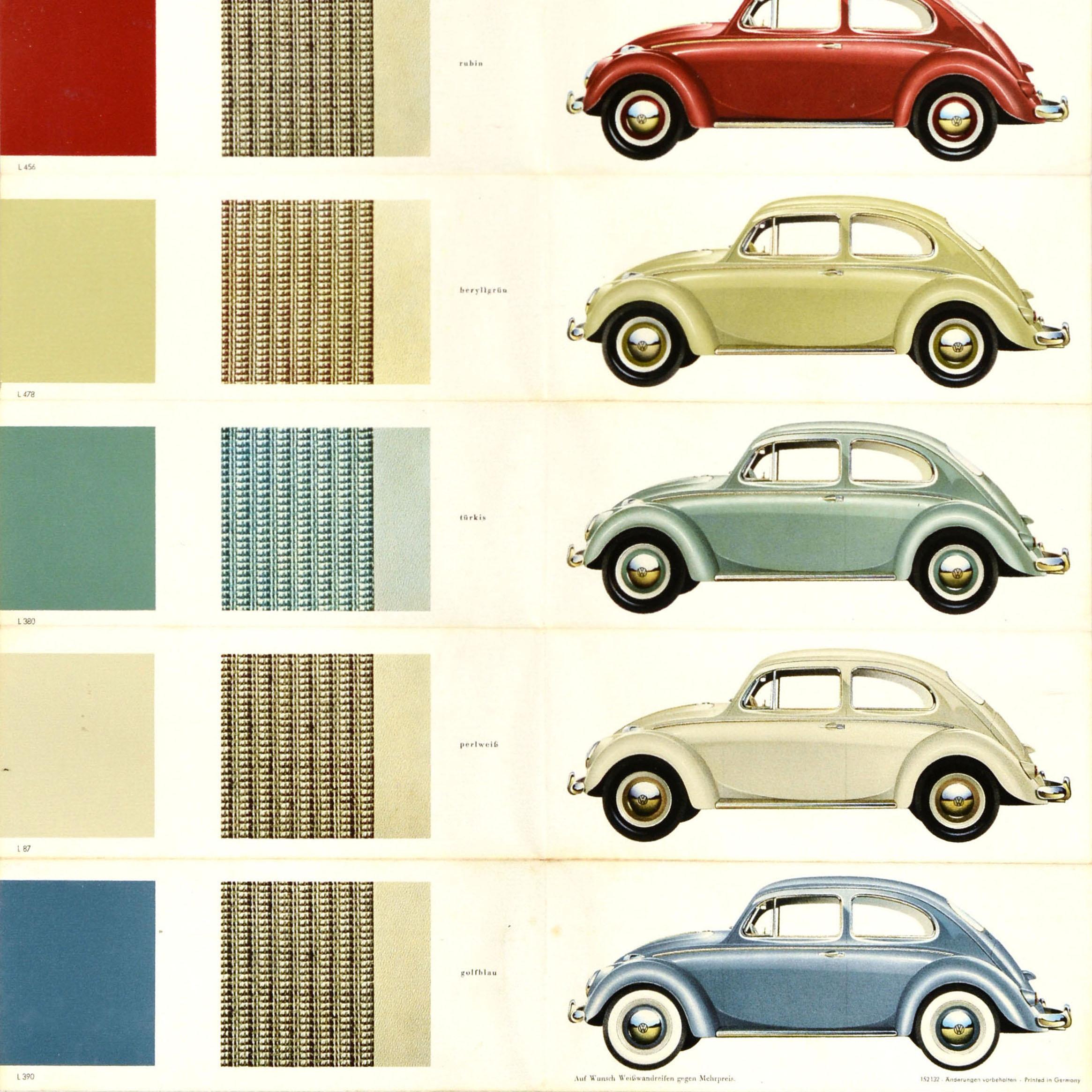 Original vintage Volkswagen car advertising poster - VW Limousine - featuring images of the car in different colours including black, pale blue, ruby red and pearl white with a note - Auf wunsch Weißwandreifen gegen Mehrpreis / White wall tyres