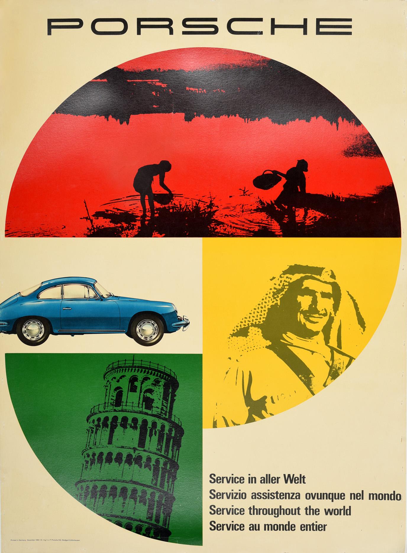Unknown Print - Original Vintage Car Poster Porsche Service In Aller Welt Throughout The World
