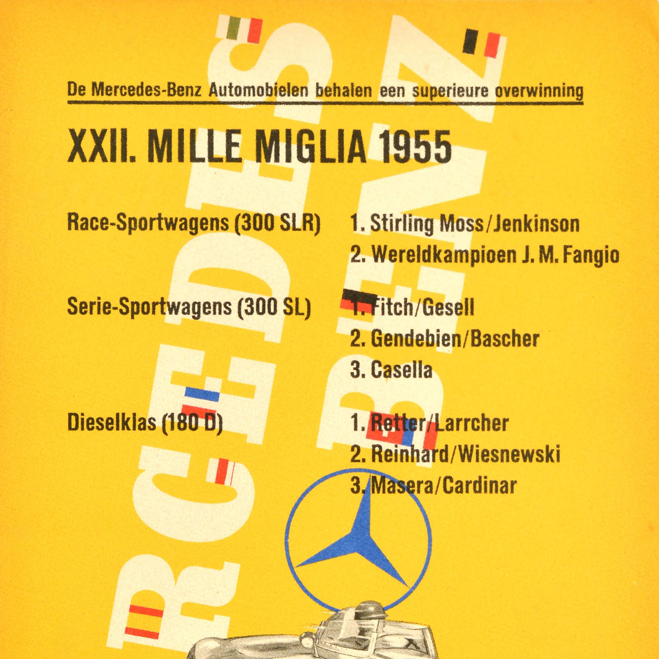 Original Vintage-Vintage-Autorennen-Poster Mercedes Benz Mille Miglia 1955 300SLR 300SL (Gelb), Print, von Unknown