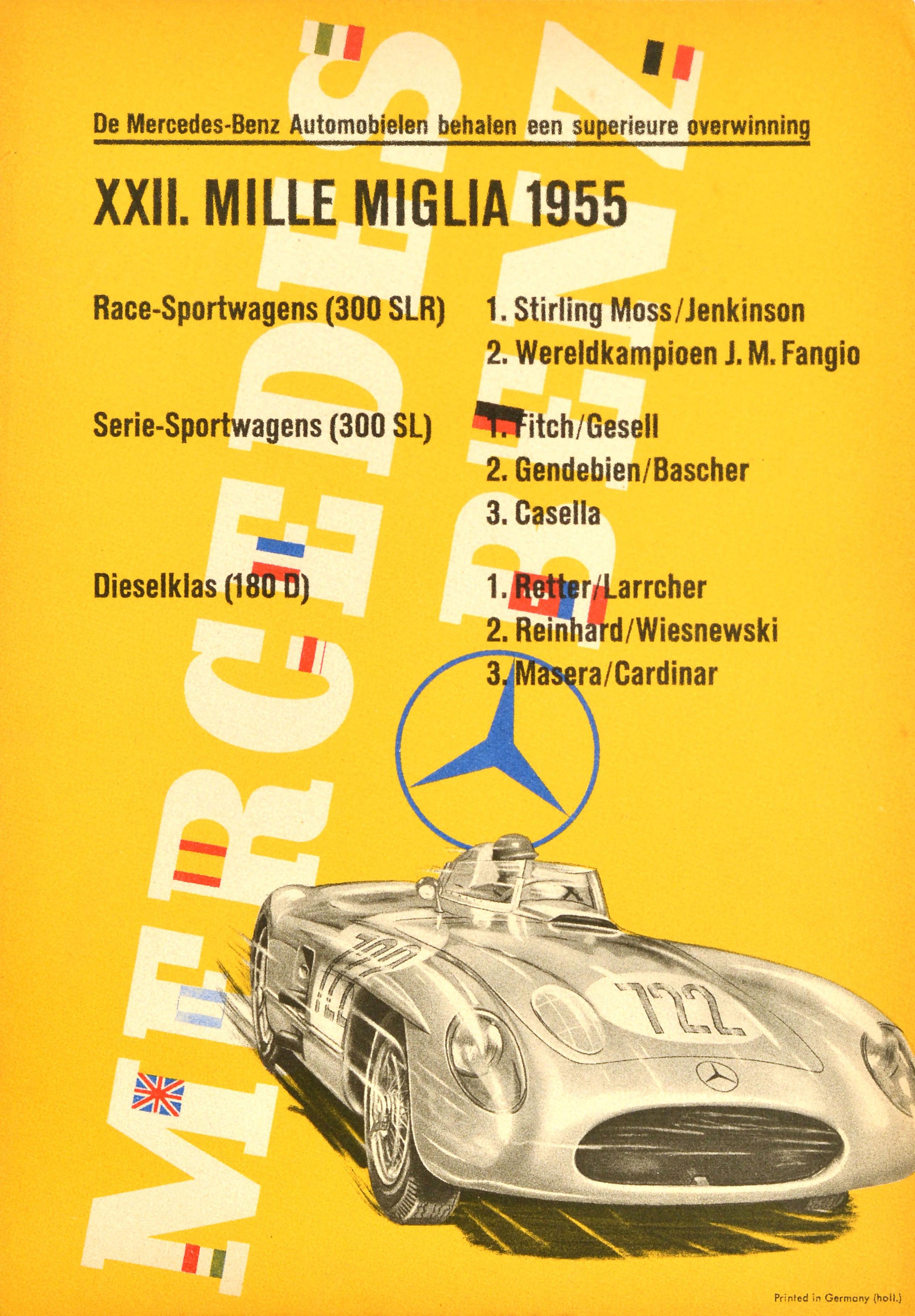 Affiche originale de course de voitures Mercedes Benz Mille Miglia 1955 300SLR 300SL