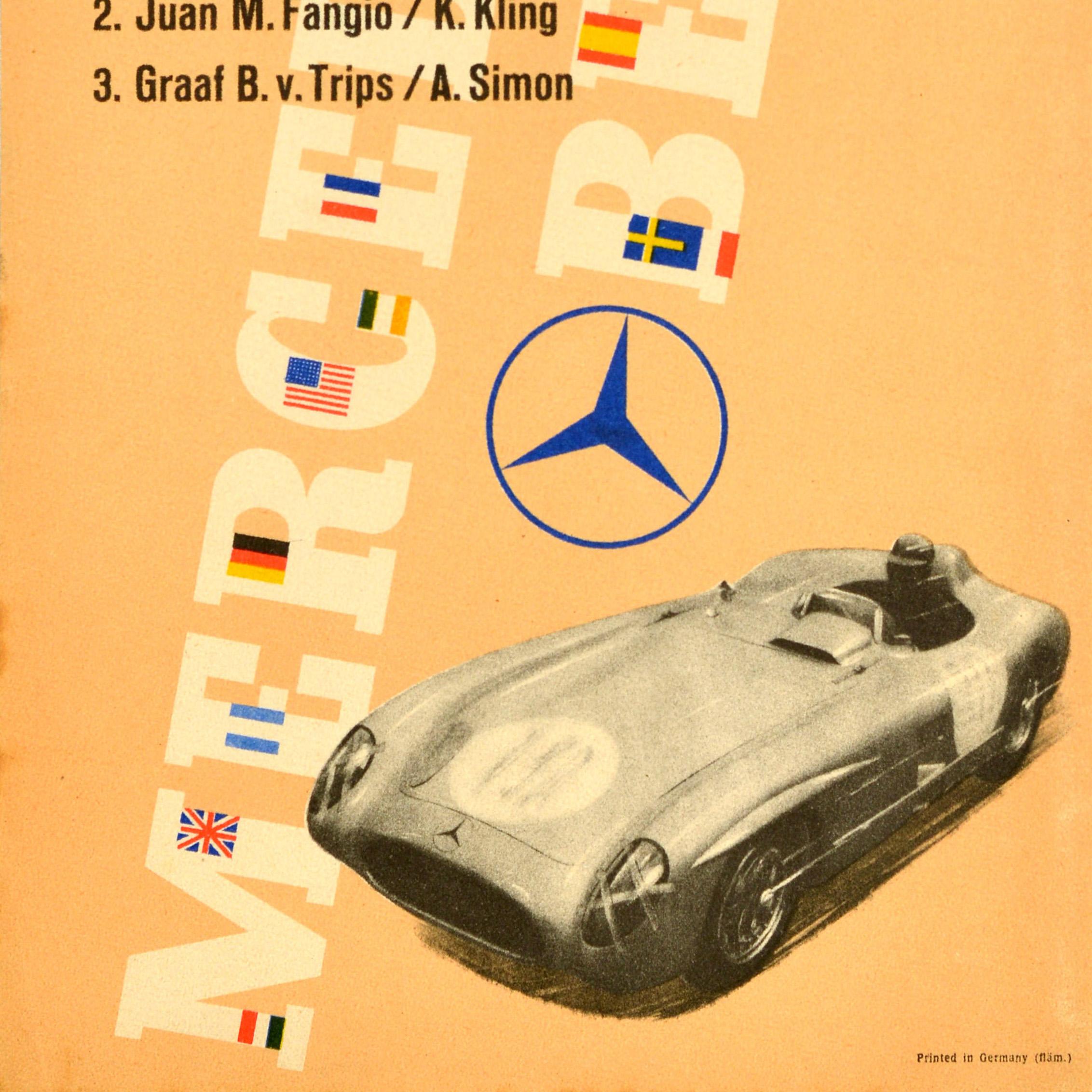 Original vintage car racing poster issued by Mercedes Benz to commemorate their triple victory at the Tourist Trophy Irland / Ireland races in 1955 with a list of the winners: Drievoudige Victorie van de Rensportwagens Racing sports cars (300SLR) 1.