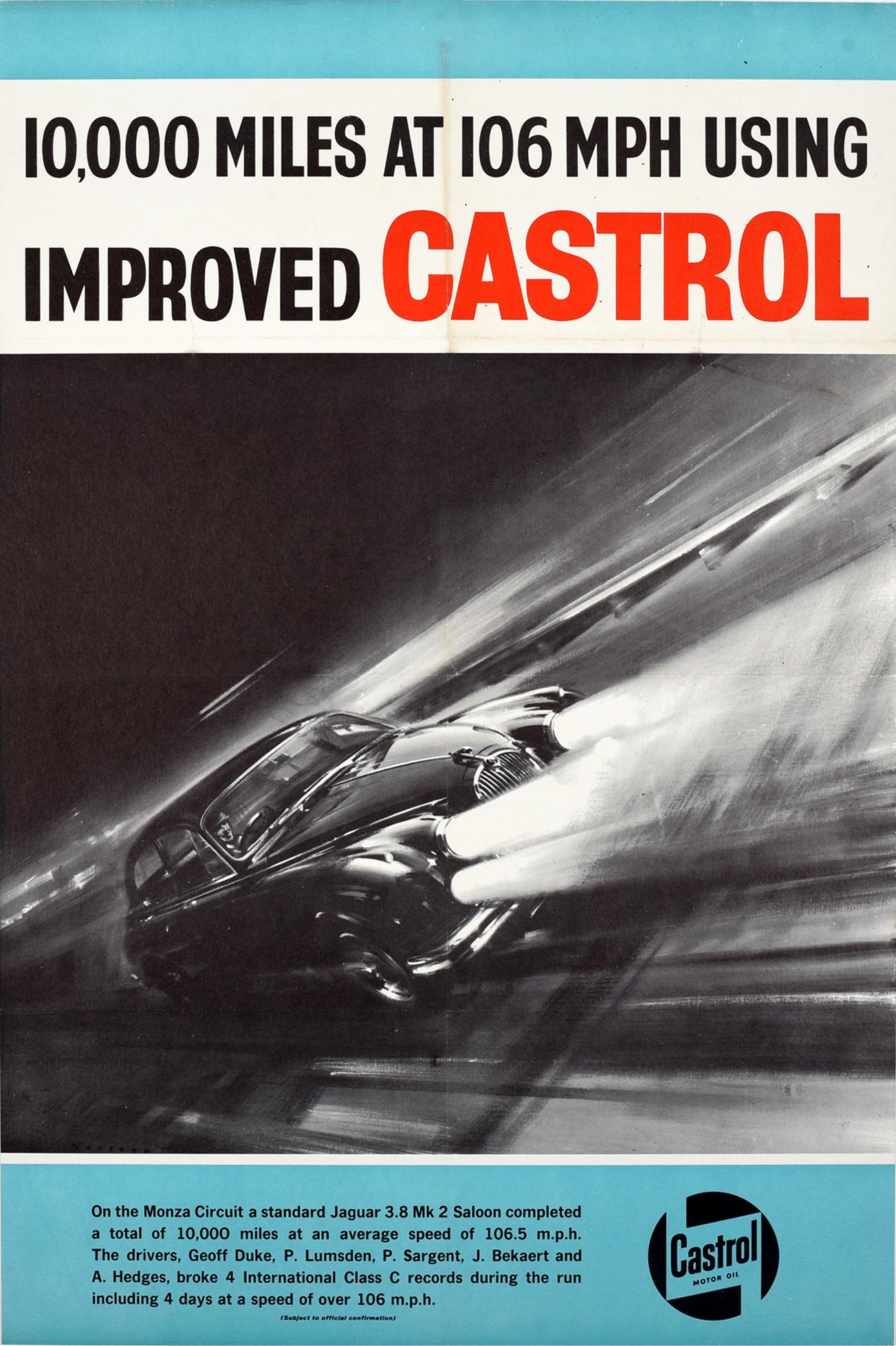 Unknown Print - Original Vintage Castrol Motor Racing Poster Monza Circuit Jaguar 3.8 Mark 2 Car