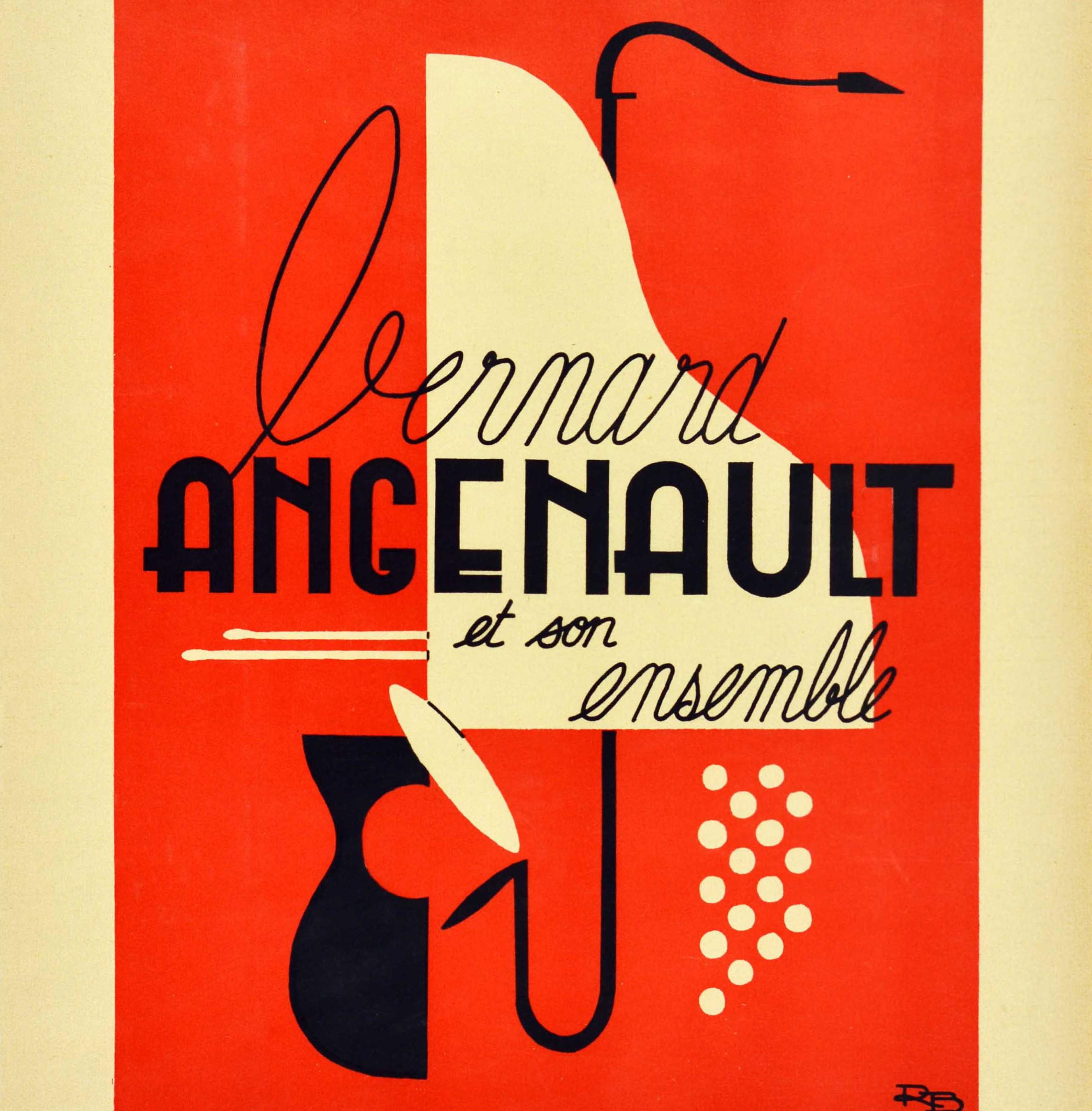 Original vintage music advertising poster for Bernard Angenault et son Ensemble / Bernard Angenault and his Ensemble featuring a great design depicting the shapes of a piano and the button keys of an accordion in white, a saxophone and guitar in