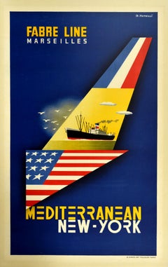 Original Vintage Cruise Poster Fabre Line Marseilles Mediterranean New York