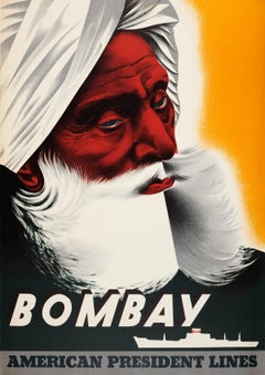 Original Vintage Cruise Ship Travel Poster Bombay India American President Lines