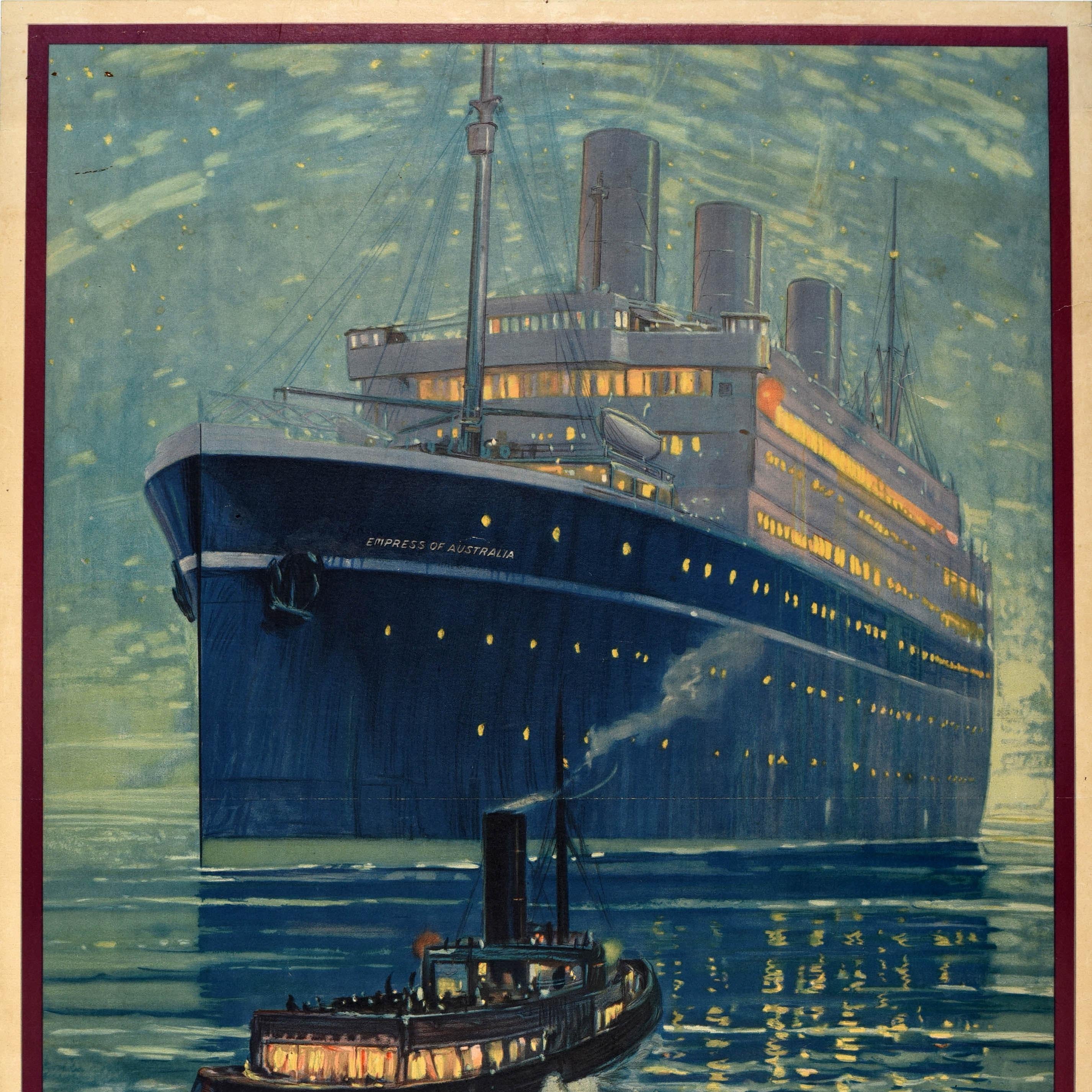 Original vintage cruise ship travel poster - Canadian Pacific Empress of Australia Europe Canada USA - featuring a night time seascape by Alfred Crocker Leighton (1901-1956) depicting a small steam boat approaching the Empress of Australia ocean