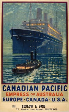 Affiche rétro originale de voyage de croisière de l'impératrice du Pacifique canadienne d'Australie