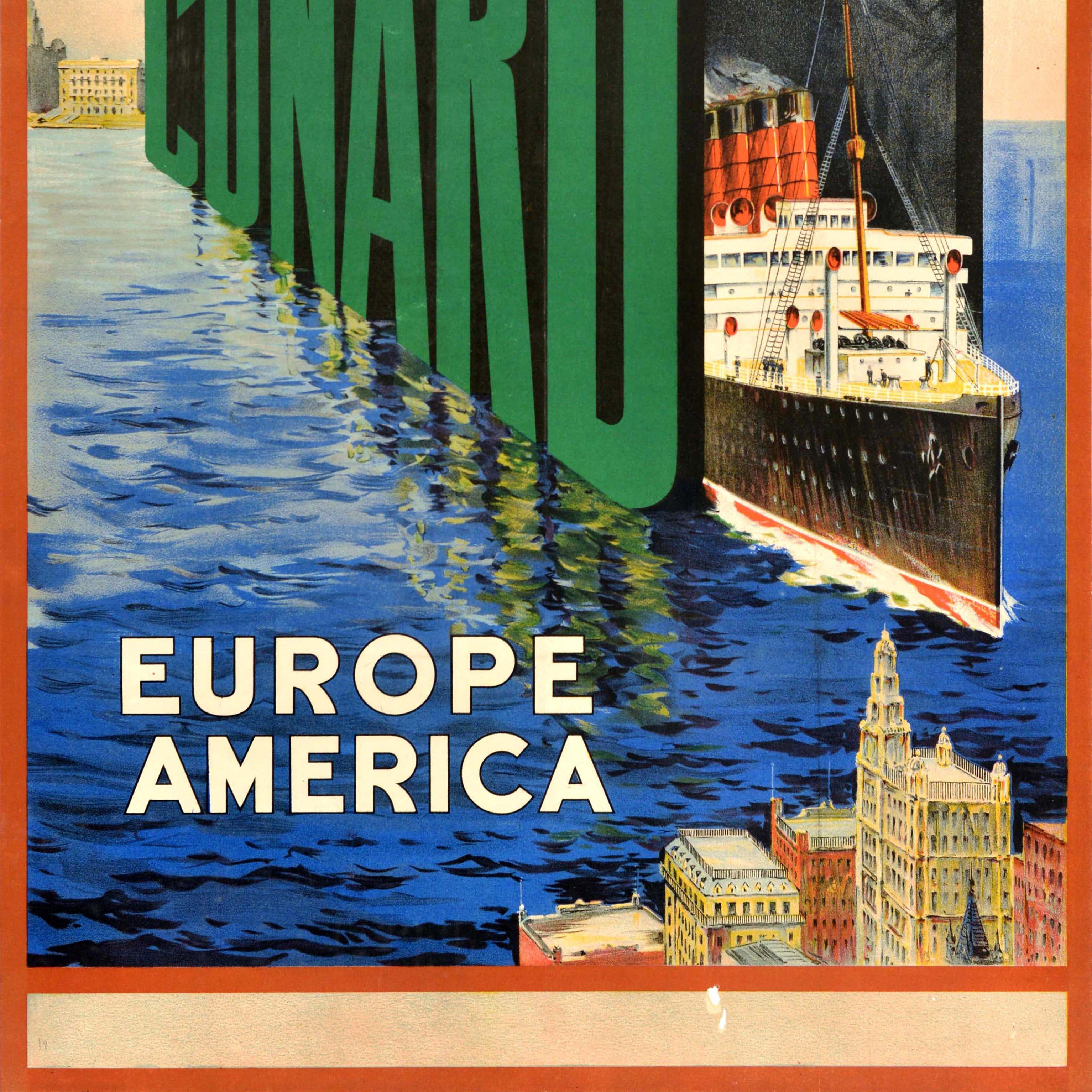 Original Vintage Kreuzfahrt Plakat Werbung Cunard The Connecting Link Europa Amerika mit einem großen Design zeigt eine Cunard Line Ozeandampfer Segeln aus den großen grünen und schwarzen Buchstaben über das Meer zwischen Europa als ein historisches