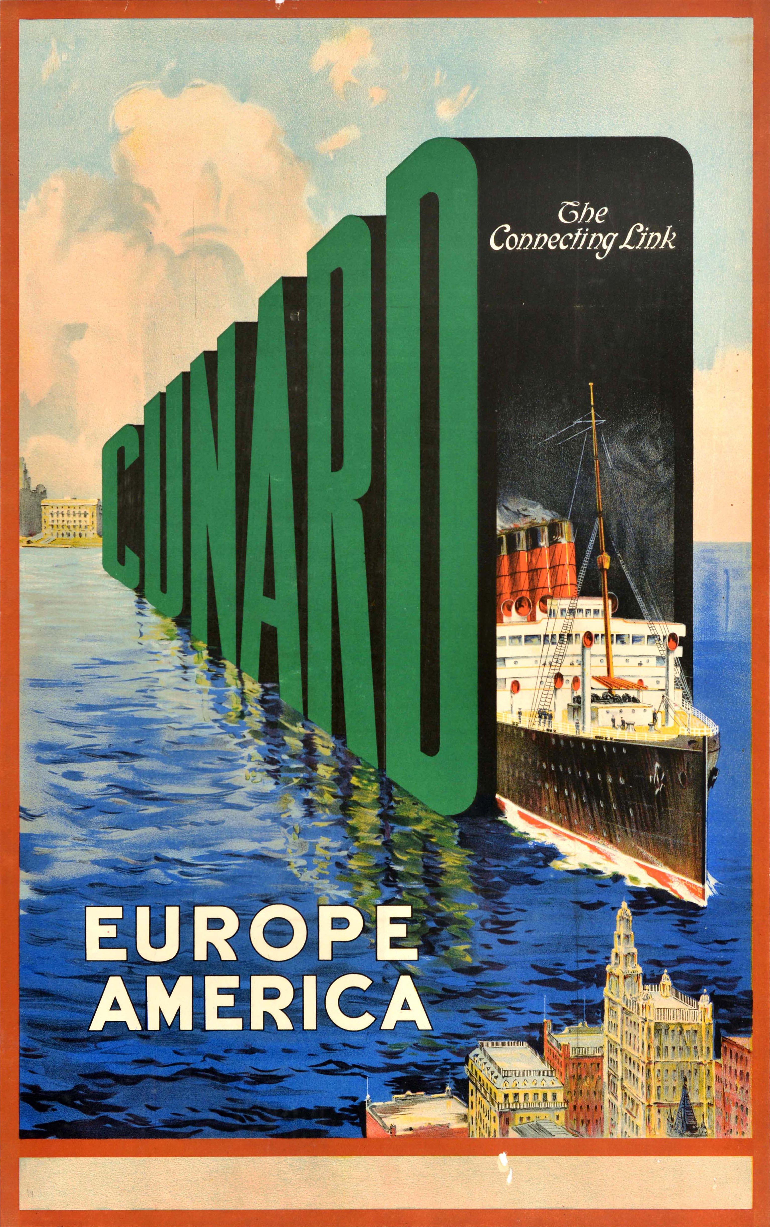 Original Vintage Cruise Travel Poster Cunard The Connecting Link Europe America