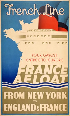 Original Vintage Cruise Travel Poster French Line Gayest Entree To Europe France