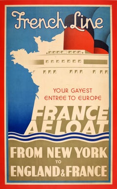 Original Vintage Cruise Travel Poster French Line Gayest Entree To Europe France