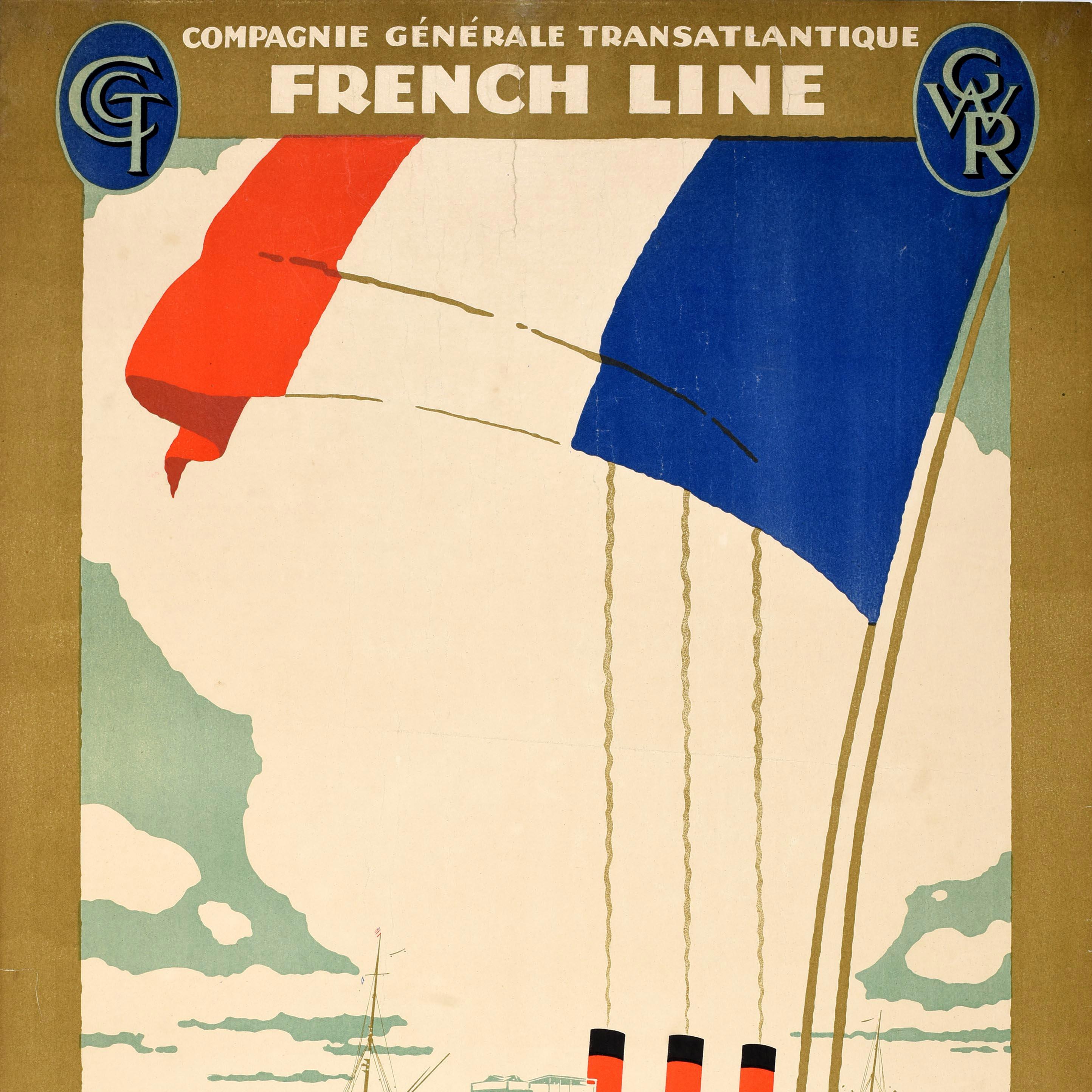 Original Vintage Kreuzfahrt-Reiseplakat Französische Linie Plymouth New York Art Deco, Art déco (Beige), Print, von Unknown