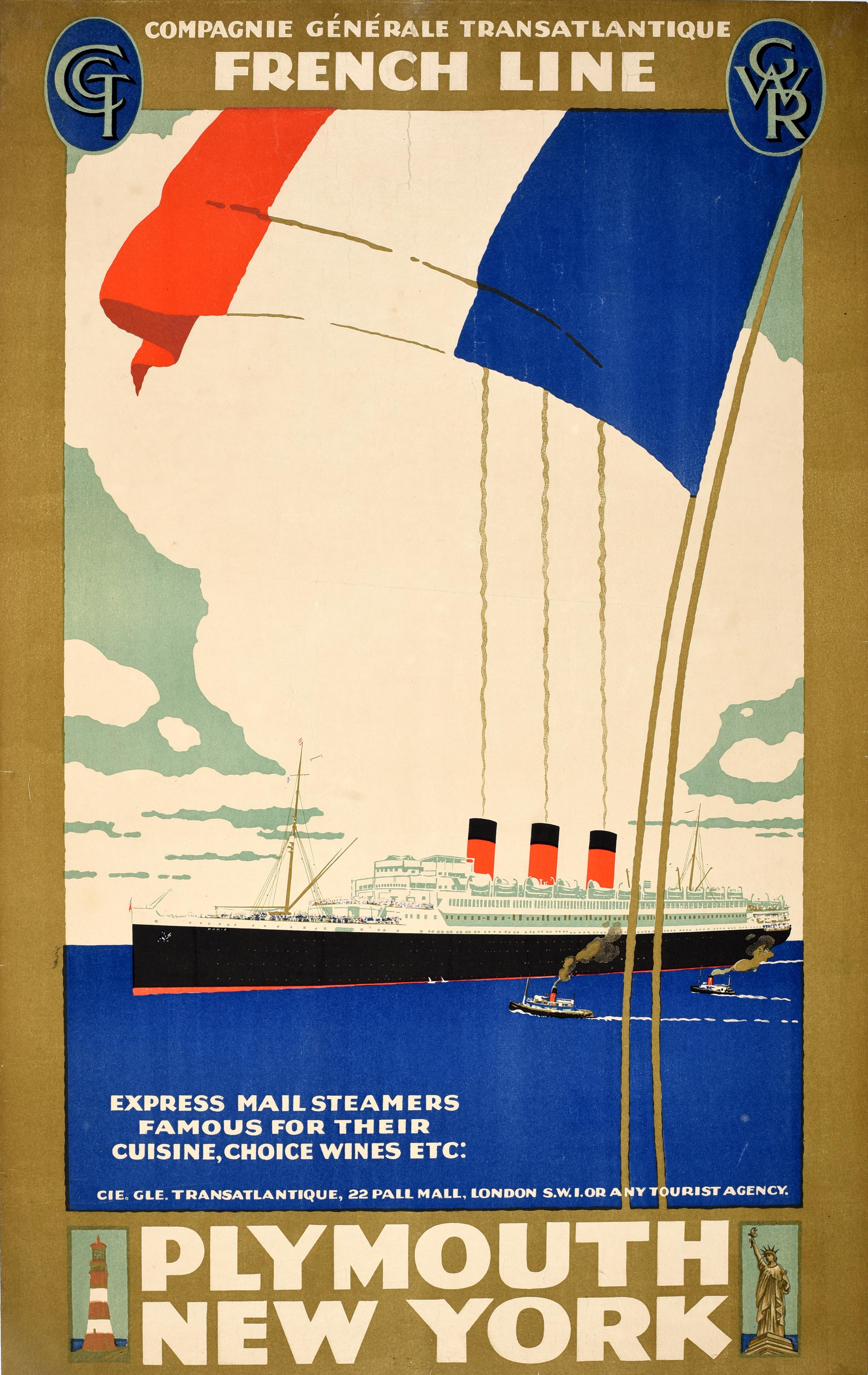 Unknown Print – Original Vintage Kreuzfahrt-Reiseplakat Französische Linie Plymouth New York Art Deco, Art déco
