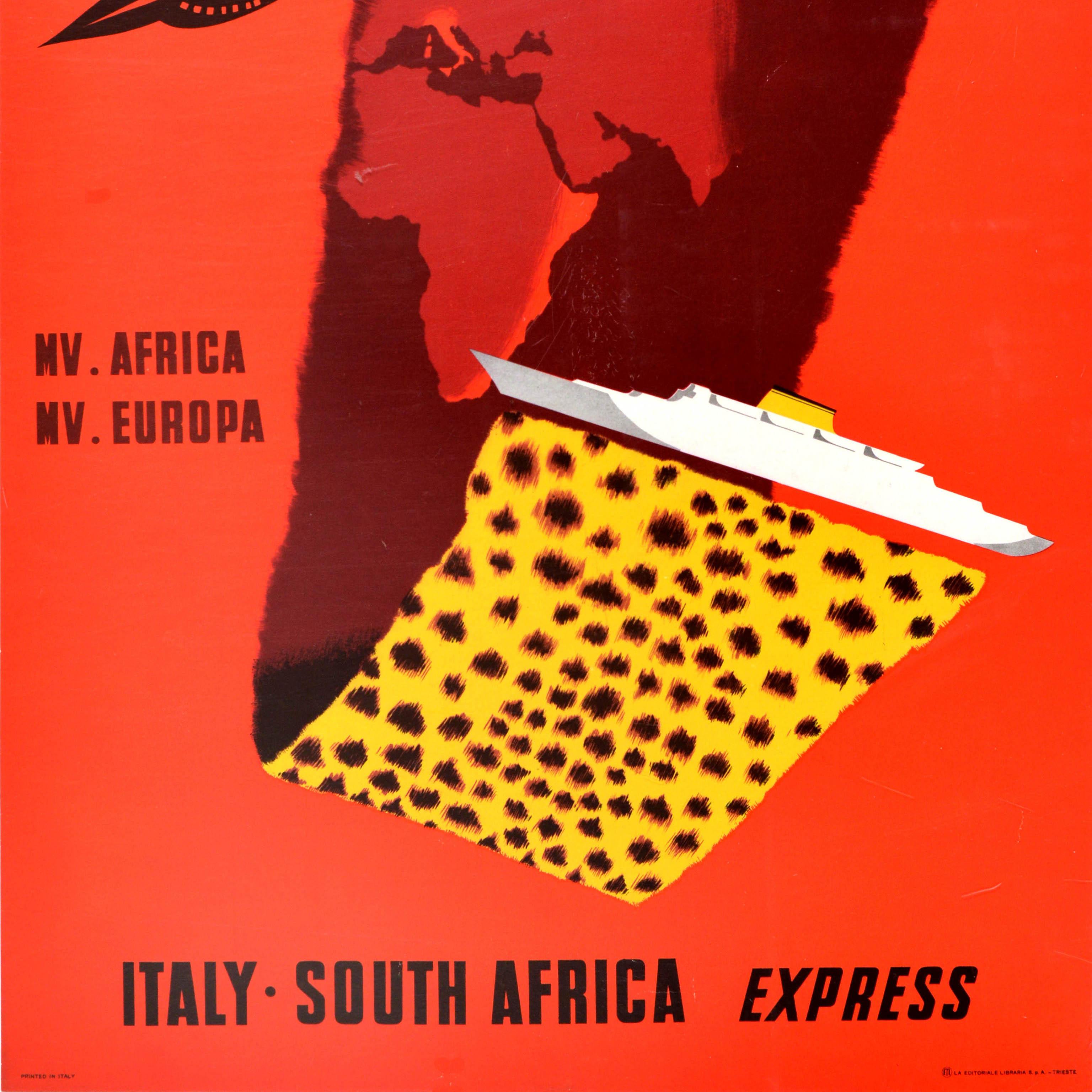Original vintage cruise travel poster - Lloyd Triestino MV. Africa MV. Europa Italy South Africa Express - featuring a dynamic design against a red background showing a map of Europe and Africa highlighting Italy and the eastern coastline of Africa
